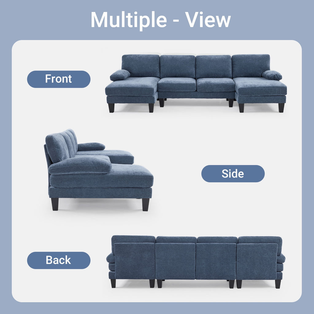Ktaxon U-Shaped Sectional Sofa, 111  Chenille Couch, 4 Seat Lounge Sleeper with Double Chaise for Living Room Black