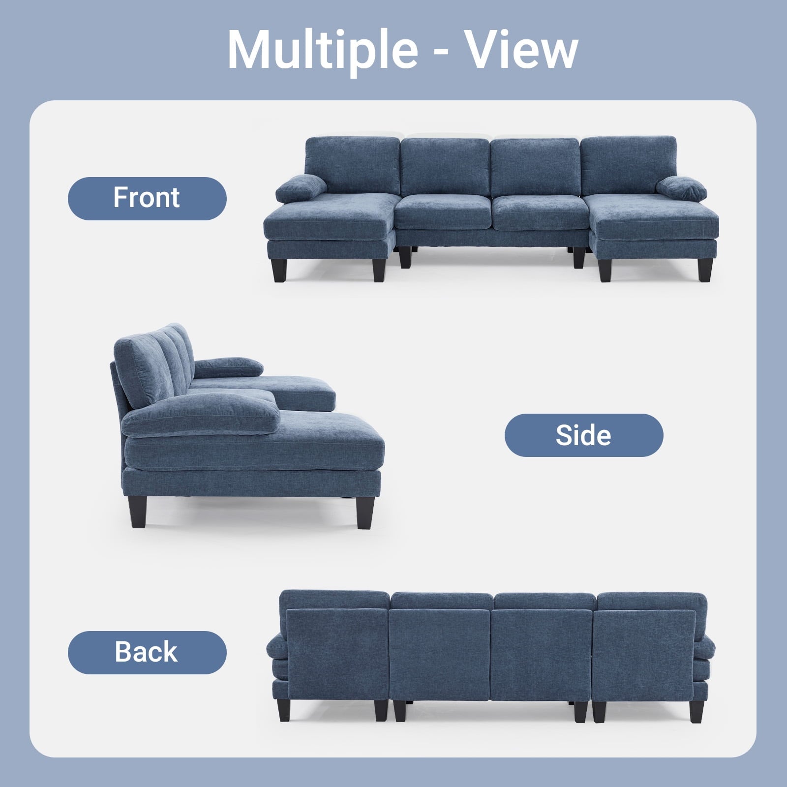 Ktaxon U-Shaped Sectional Sofa, 111  Chenille Couch, 4 Seat Lounge Sleeper with Double Chaise for Living Room Black