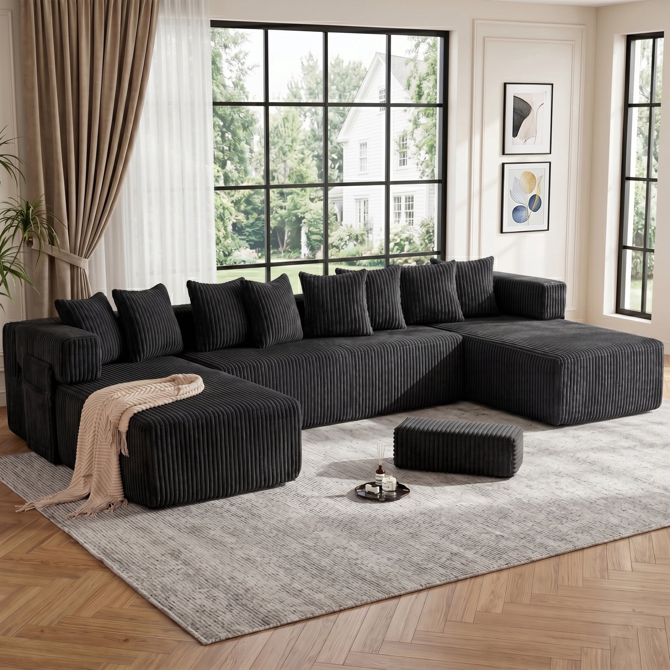 SOULART 138.5 U Shaped Sectional Couch,Gray Cloud Boneless Sofa For Living Room,Plush Corduroy Couches With Deep Seat Chaise Lounge,No Assembly Required