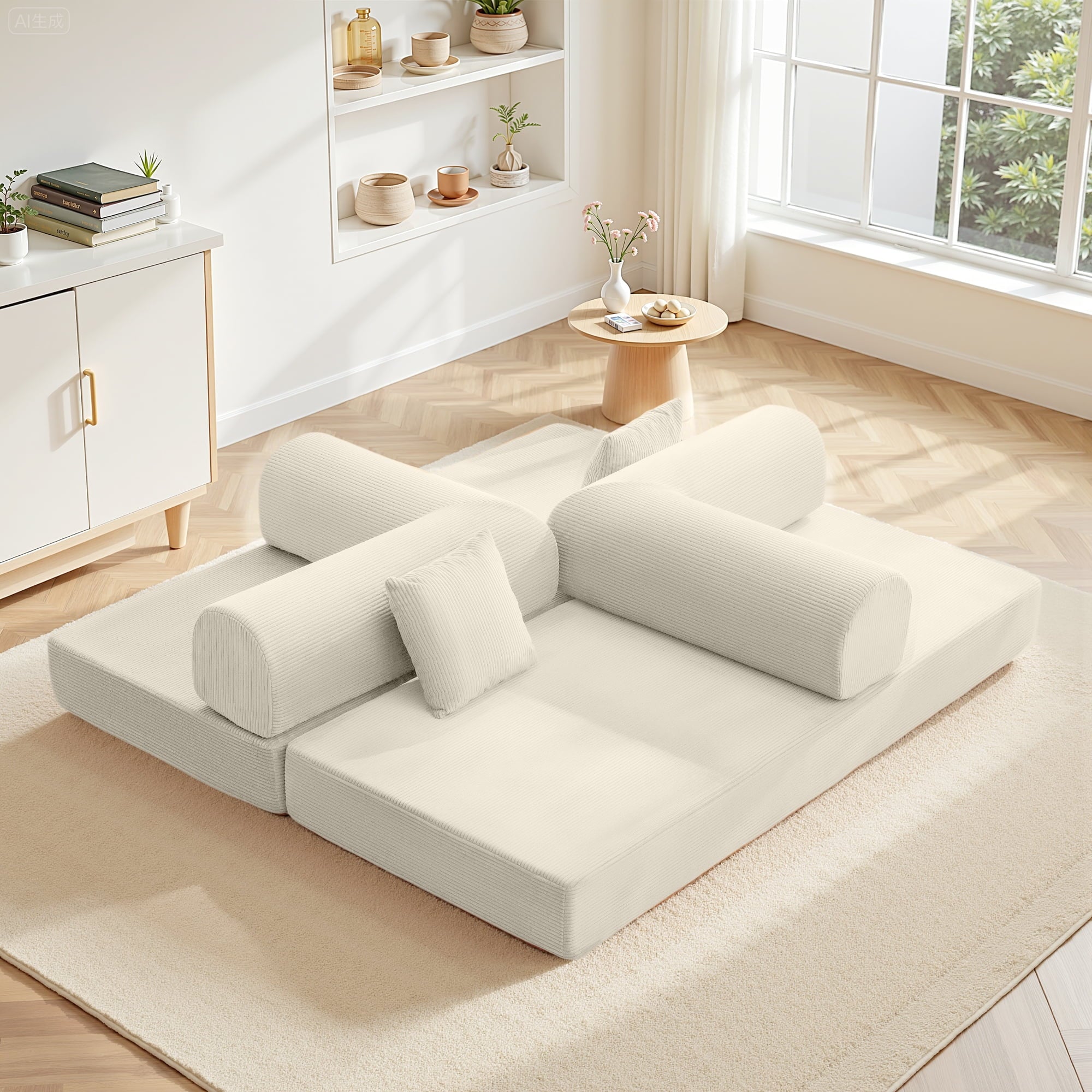 COOLHUT 63 W Combination Sofa, High Rebound Density Foam Sofa Couch, Two Forms Floor Couch Three Seats Sofa Bed for Living Room, Bedroom, Green