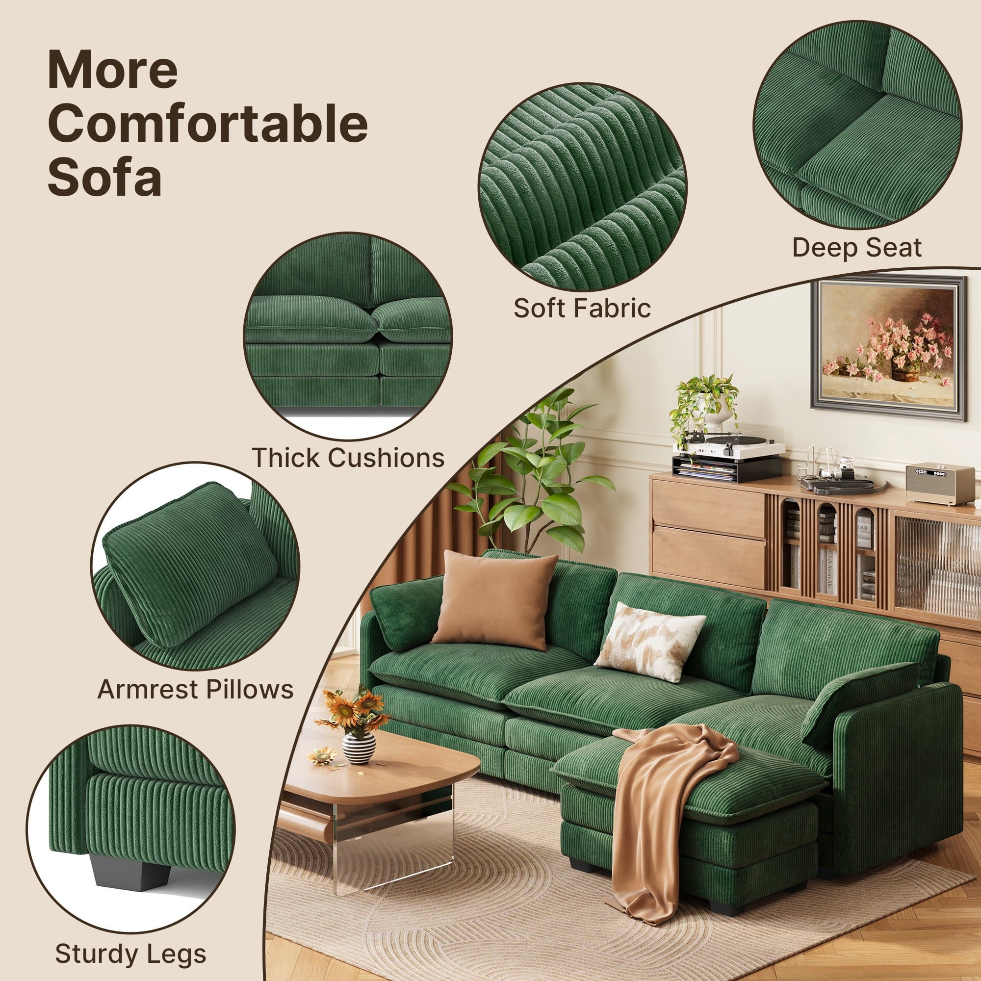 Sofa, L-Shaped Sofa Couch with Deep Seat and Movable Footrest Sofa for Office|Living Room, Gray
