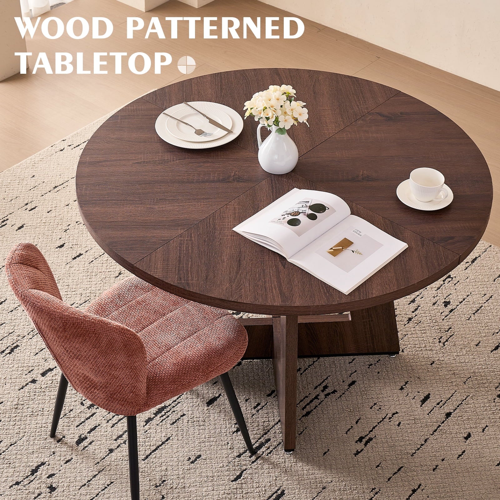 5 Piece 47'' Round Dining Table Chairs Set for 4, Farmhouse Oak Kitchen Table with 4 Boucle Mid Century Modern Dinning Room Chairs, Wood Dinner Table &Upholstered Chair Set of 4, Beige