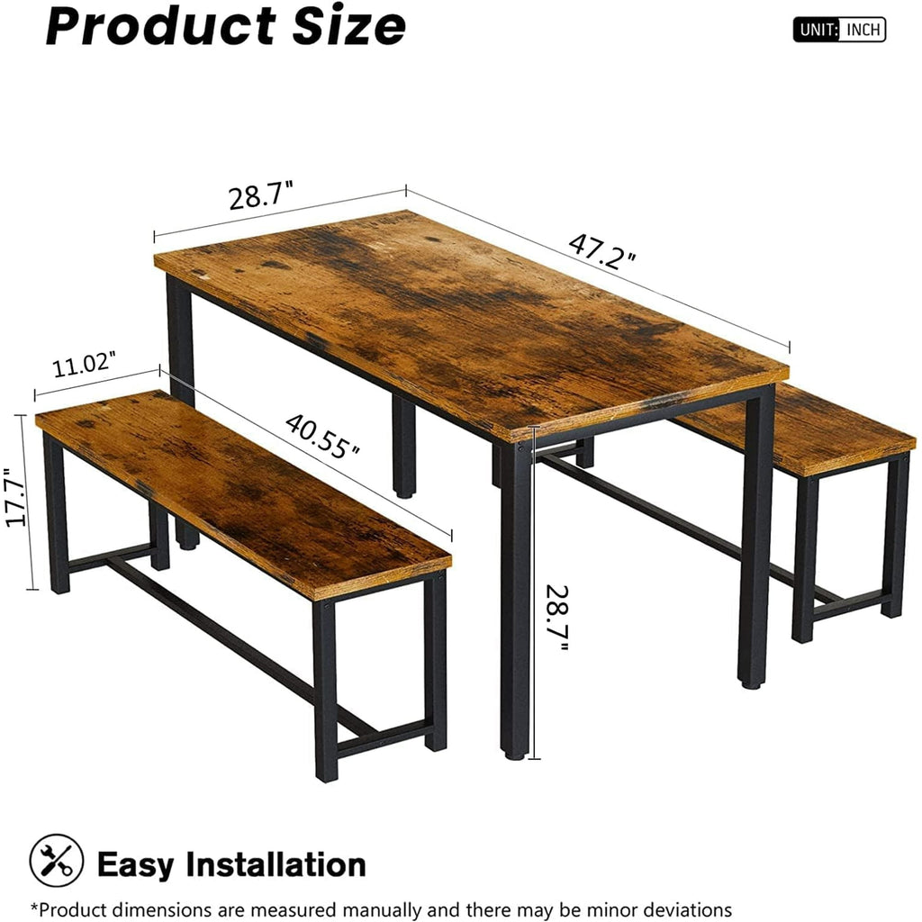 MIERES Kitchen Dining Set: Rectangular solid wood dining table with two benches, suitable for 2 to 4 people, small dining set, black