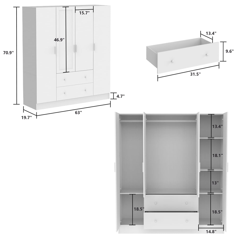 Wiawg 2 Door Wardrobe Armoire,Mirrored Closet Storage with Drawers and Shelves,White