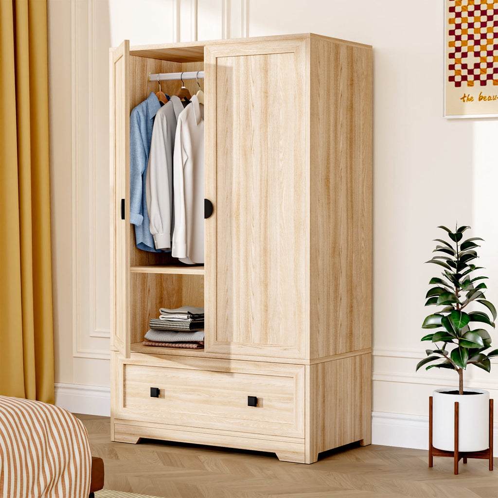 Ktaxon Wardrobe Armoire Closet with Hanging Rod, Modern Drawer & Shelf – Elegant White Finish Closet, Farmhouse to Mid-Century Style