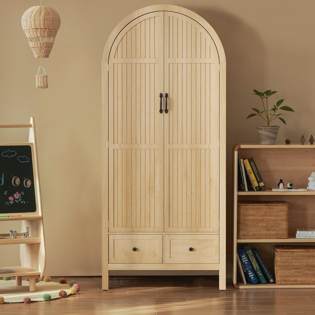 Oubayajia Arched Armoire Wardrobe Closet with Fluted Doors, Wooden Wardrobe Closet with Drawers, Shelves and Hanging Rod for Bedroom