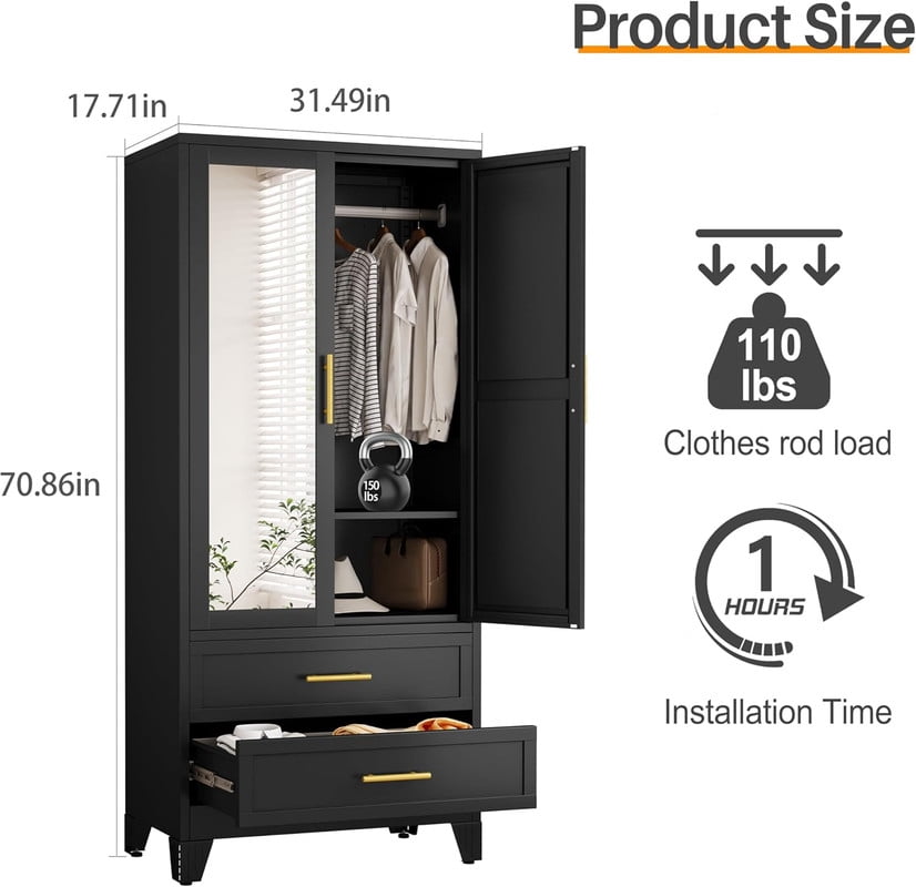 Ero Metal Freestanding Armoire Wardrobe Closet with Hanging Rod and Mirror