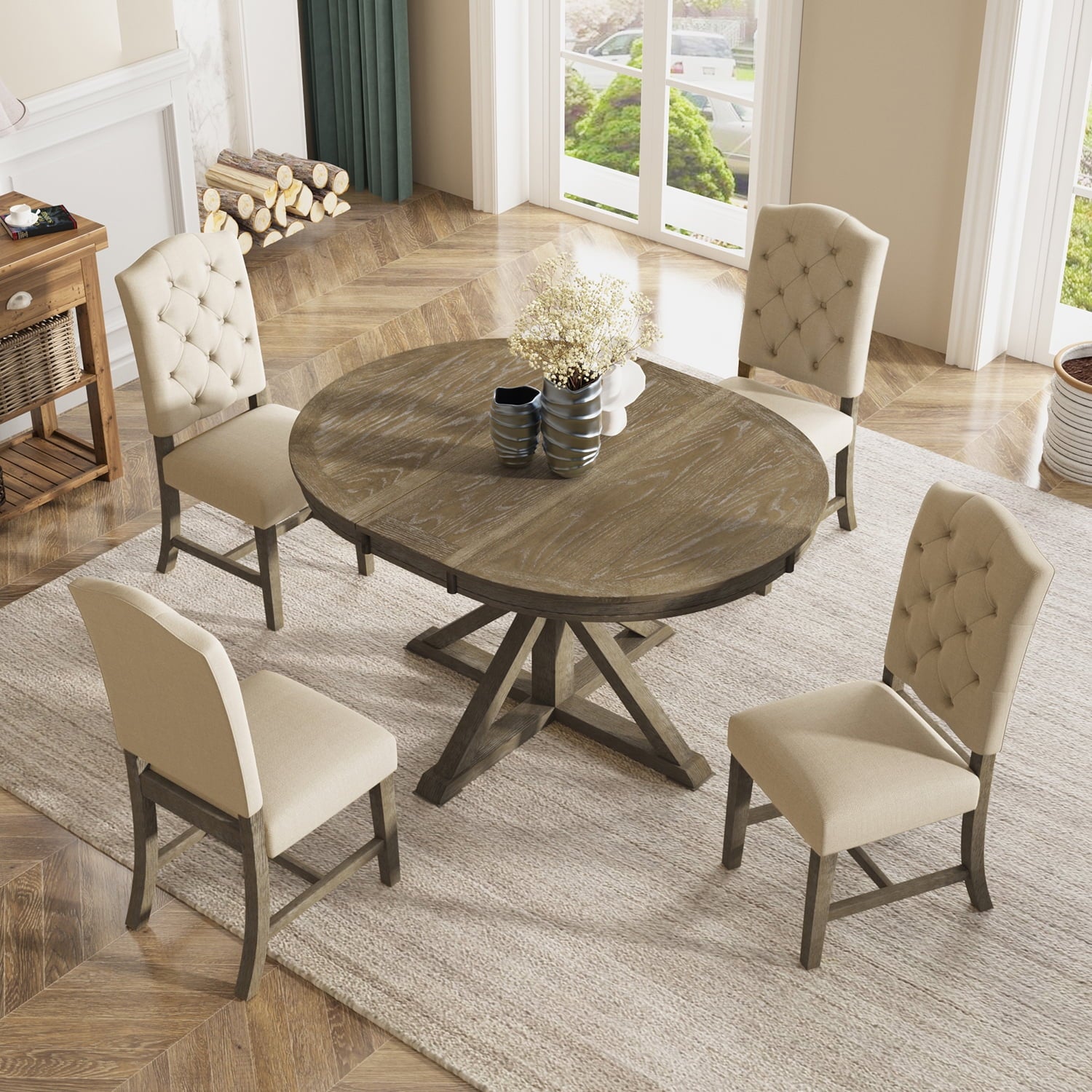 Harper & Bright Designs Extendable Dining Table Set for 4 Upholstered Chairs Functional Retro Style Table for Dining Room Kitchen, Natural Wood Wash