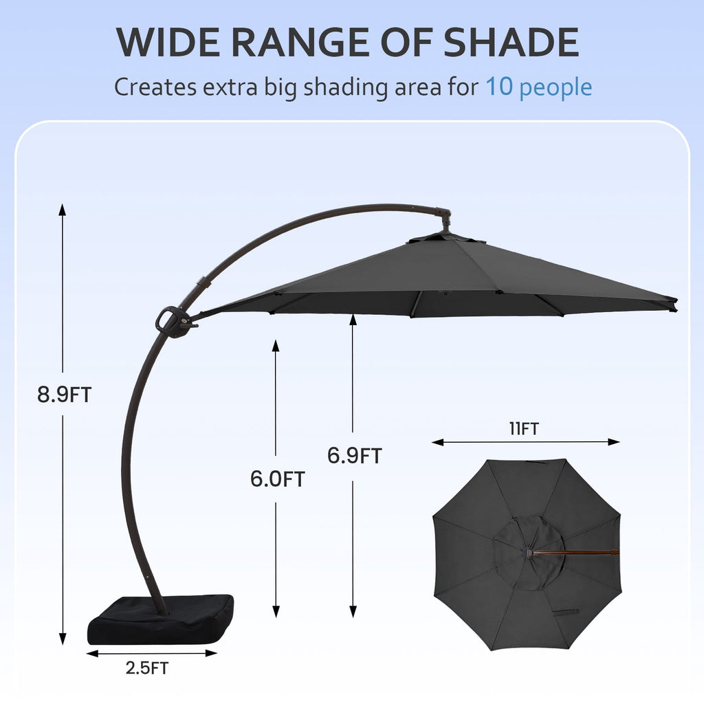 FUNDAZE 11ft Market Patio Umbrella with Base, Curved Cantilever Hanging Sun Shade with Crank & Tilt for Garden, Deck, Poolside,Beige