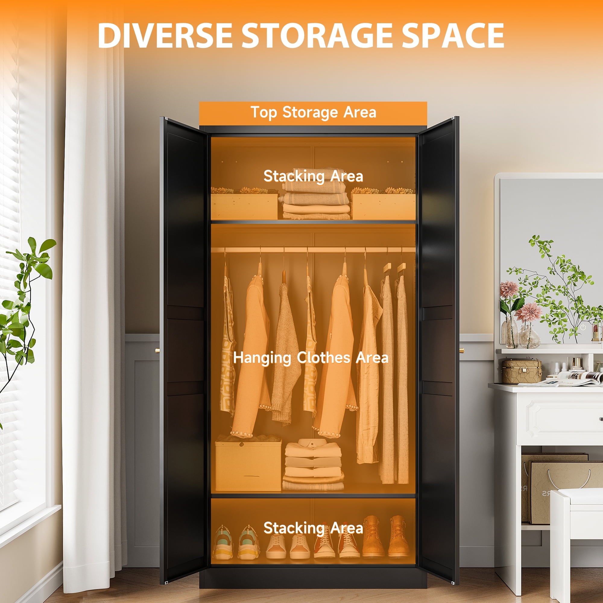 STANI Metal Wardrobe Closet with Hanging Rod, 72 White Armoire Wardrobe Cabinet with Adjustable Shelves, Clothes Storage Organizer Cabinets for Bedroom, Bathroom, Office