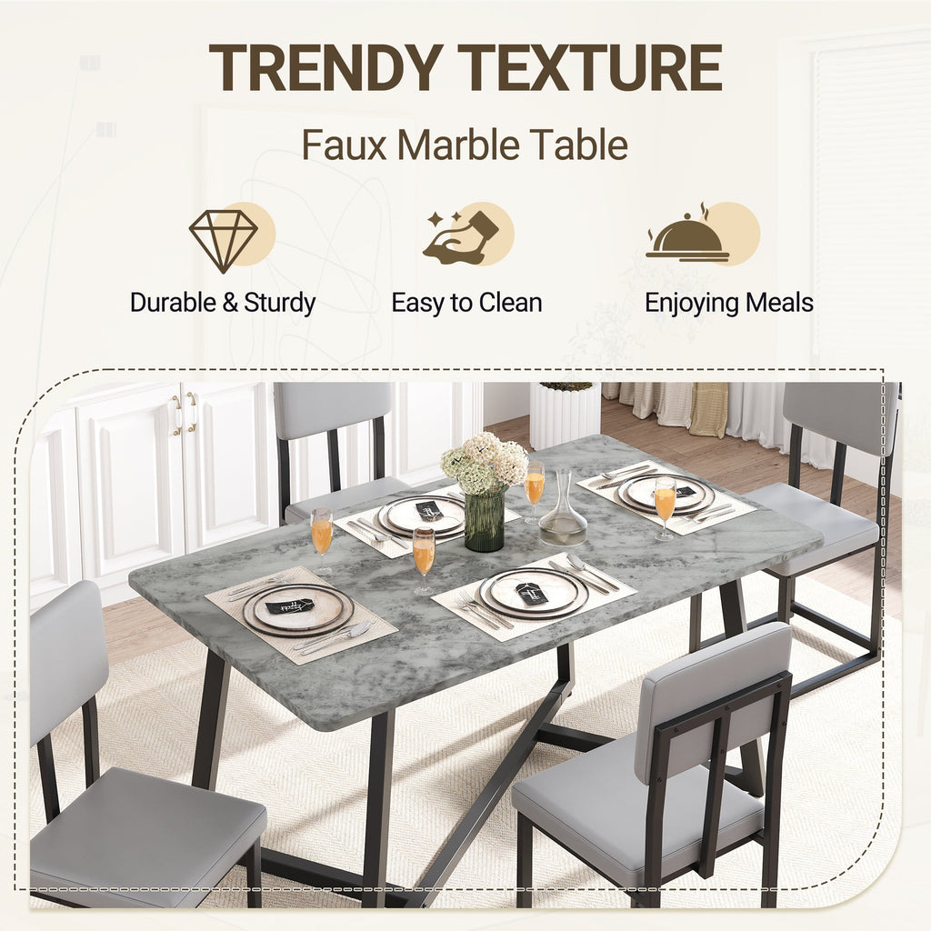 PORKISS 5 Piece Dining Table Set, Modern Faux Marble Tabletop and 4 Linen Upholstered Chairs, Rectangle Kitchen Table and Chairs for 4, White + Gray(Linen)