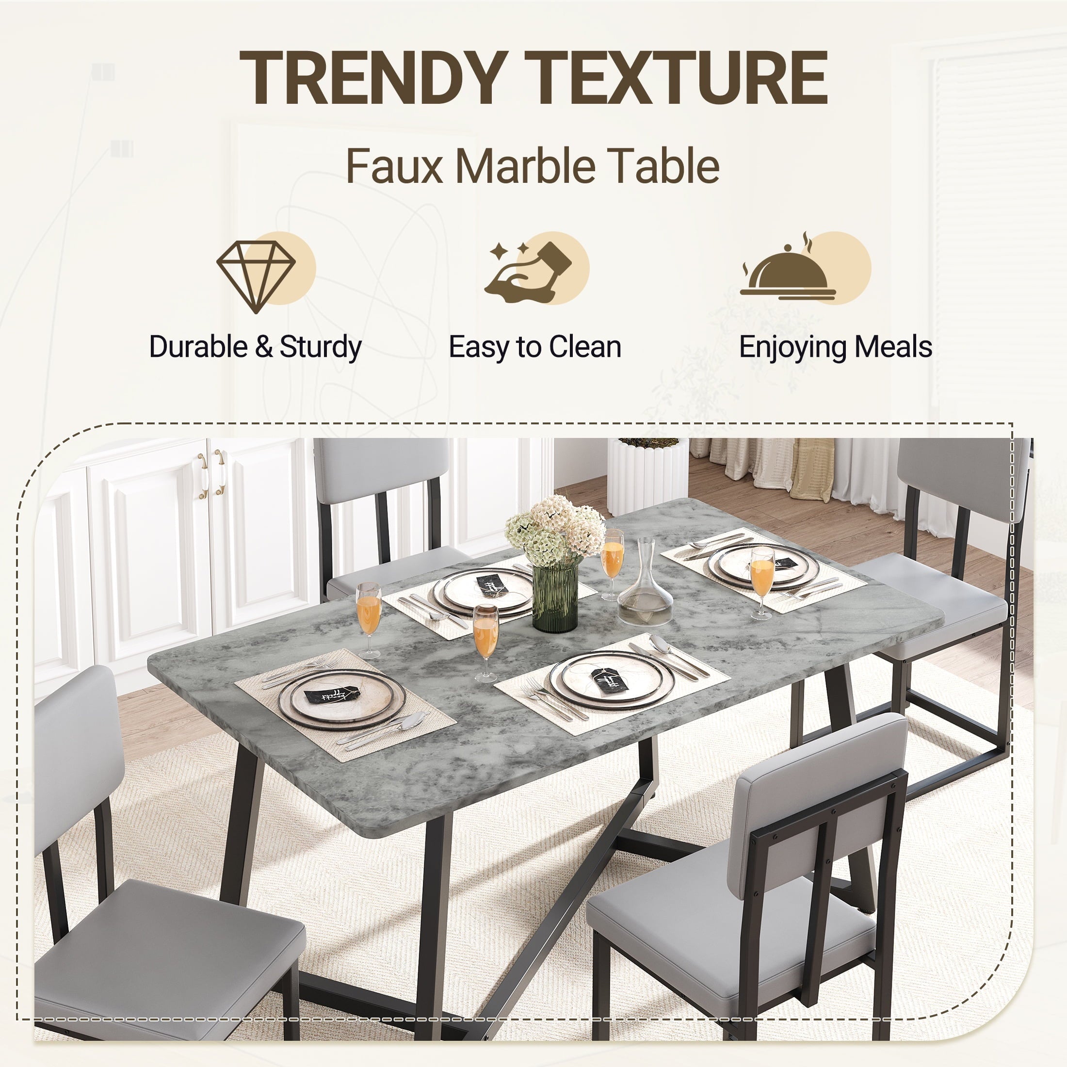 PORKISS 5 Piece Dining Table Set, Modern Faux Marble Tabletop and 4 Linen Upholstered Chairs, Rectangle Kitchen Table and Chairs for 4, White + Gray(Linen)