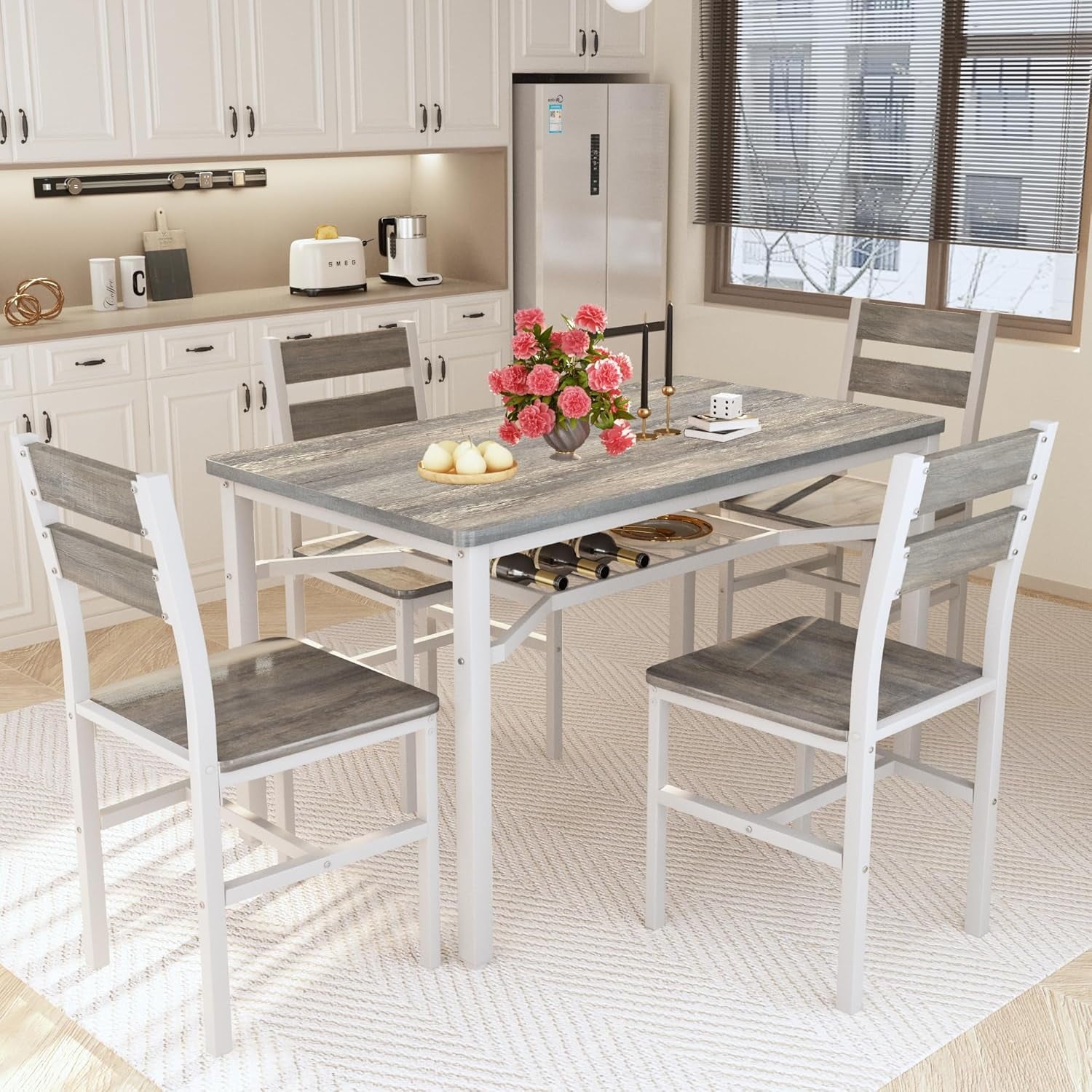 LinkRomat Dining Table Set for 4, Farmhouse Kitchen Table with 4 Wood Chairs, Dining Room Set for Breakfast Nook, Small Places, Restaurant, Gray