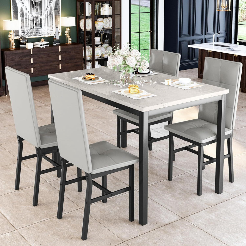 MOOSENG Dining Table Set for 4, Faux Marble Kitchen Table and Chairs Set of 4, 5-Piece Dining Room Set with PU Leather Upholstered Chairs for Small Space, Gray