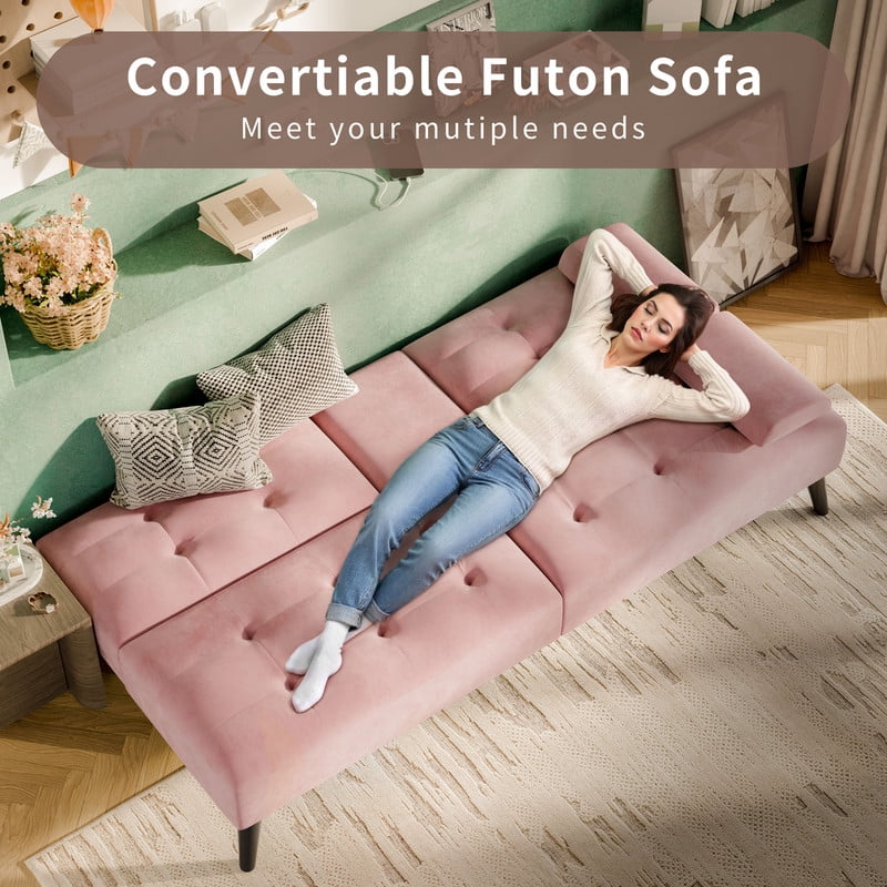 Walsunny Convertible Futon Sofa Bed, Foldable Futon Sleeper Sofa Bed with 2 Cup Holders, Folding Loveseat Recliner with 3-Angle Adjustment Modern Couch for Living Room, Small Space, Pink