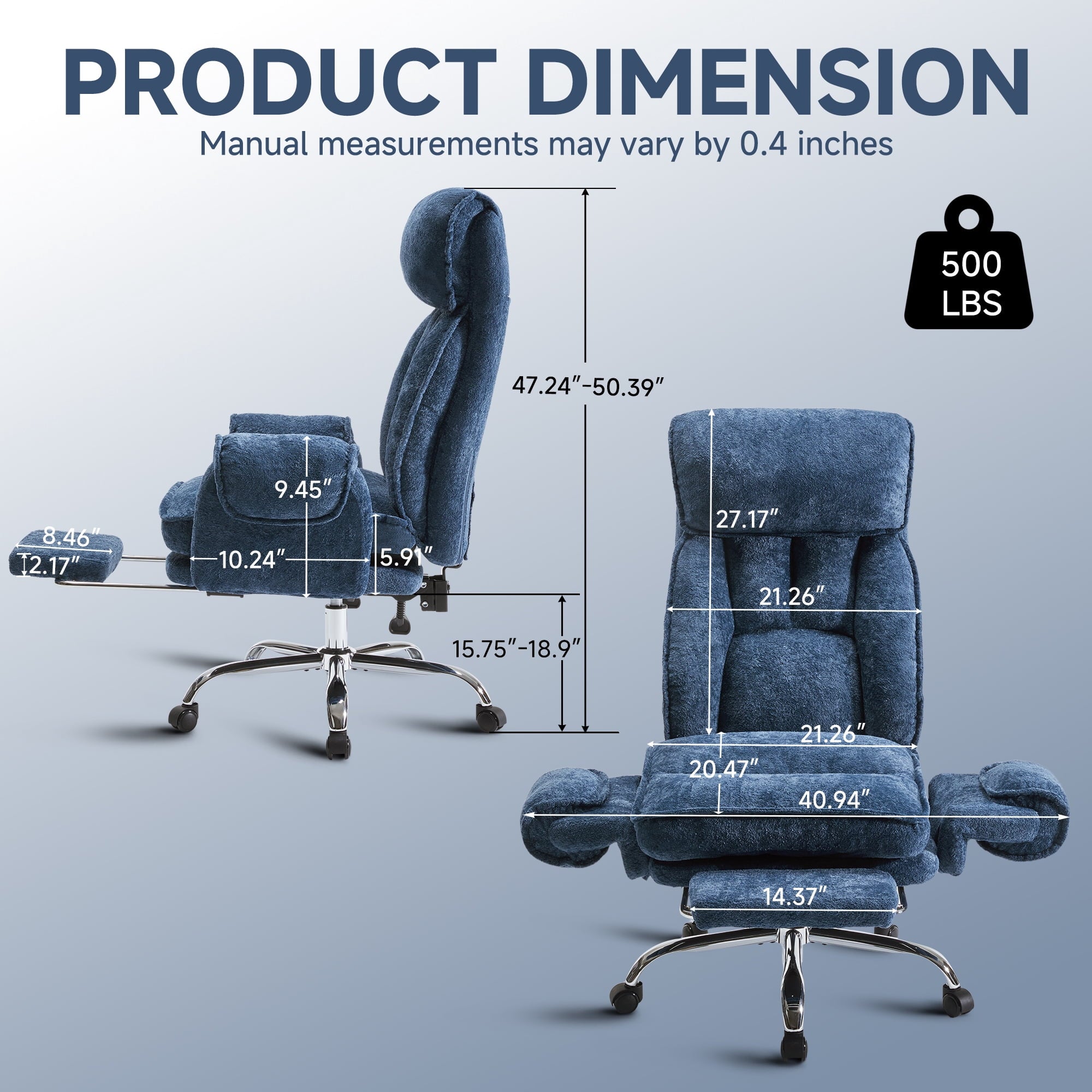 Big and Tall Executive Office Chair with Adjuatable Armrests and Headrest, Ergonomic Reclining High Back Criss Cross Chair , Office Chair with Footrest,Blue