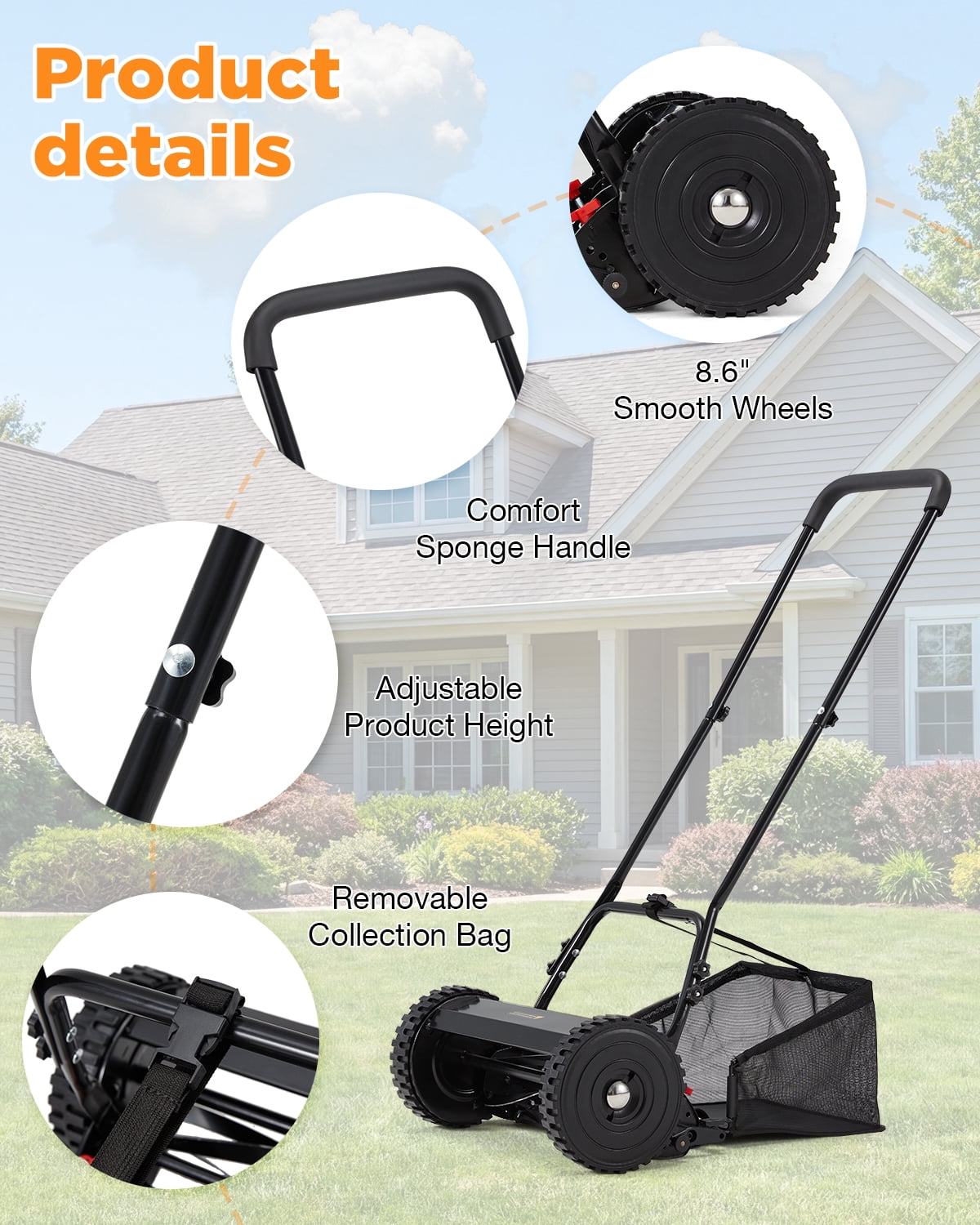 JFHID 14-Inch Manual Push Reel Lawn Mower,5-Blade Design