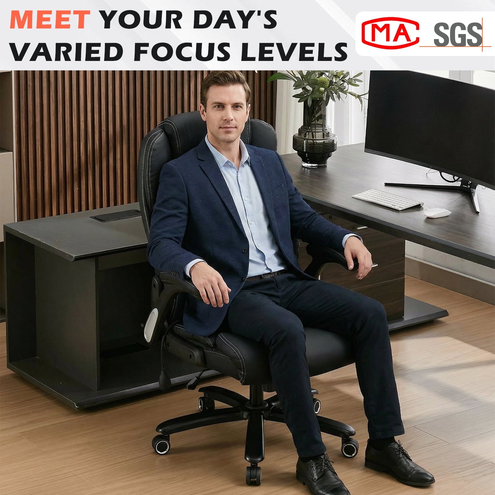 NYOAK 700lbs Big and Tall Office Chair, Heavy Duty Ergonomic Chair, Extra Wide Seat, Quiet Rubber Wheels, High Back with Lumbar Support, Flip-Up Arms