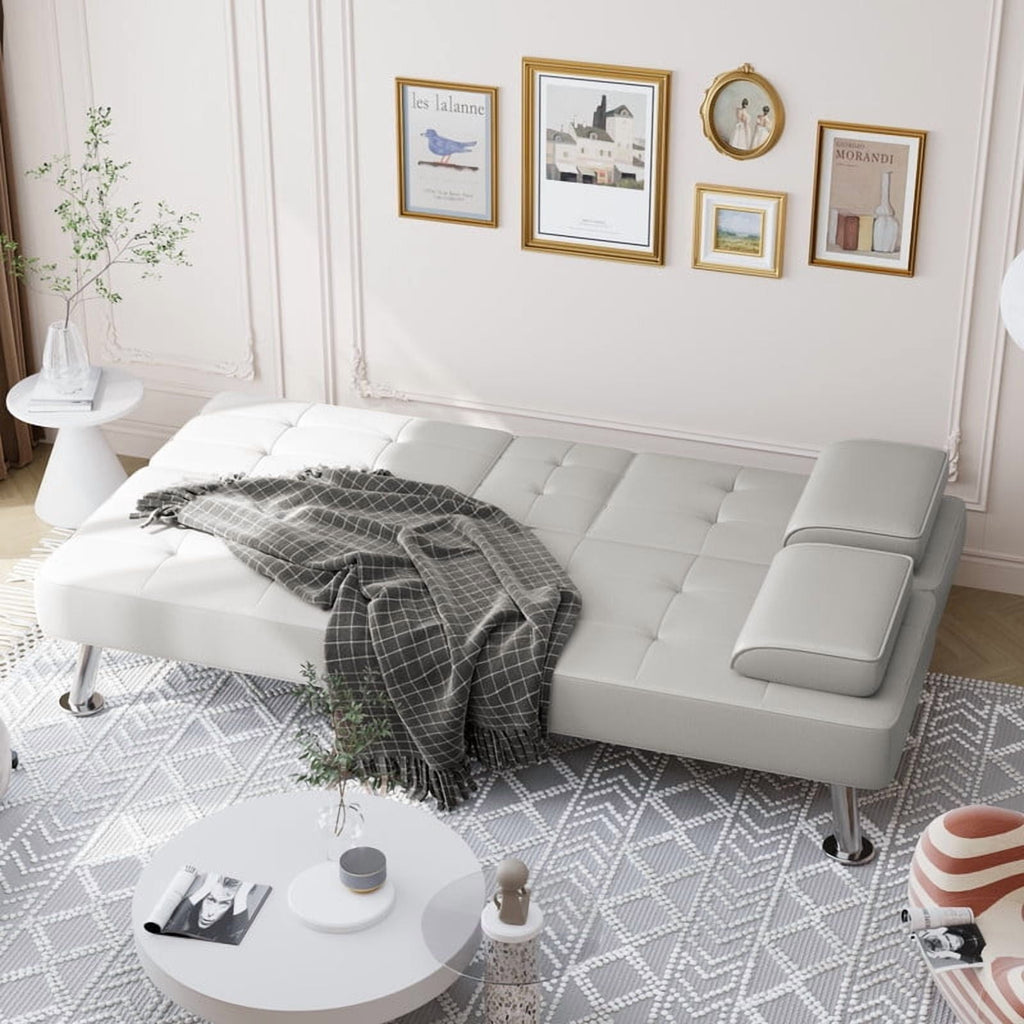 Furmax 3-in-1 Futon Sofa Bed Convertible Couch – Faux Leather Recliner with Cup Holders for Living Room, Apartment & Small Space, Black