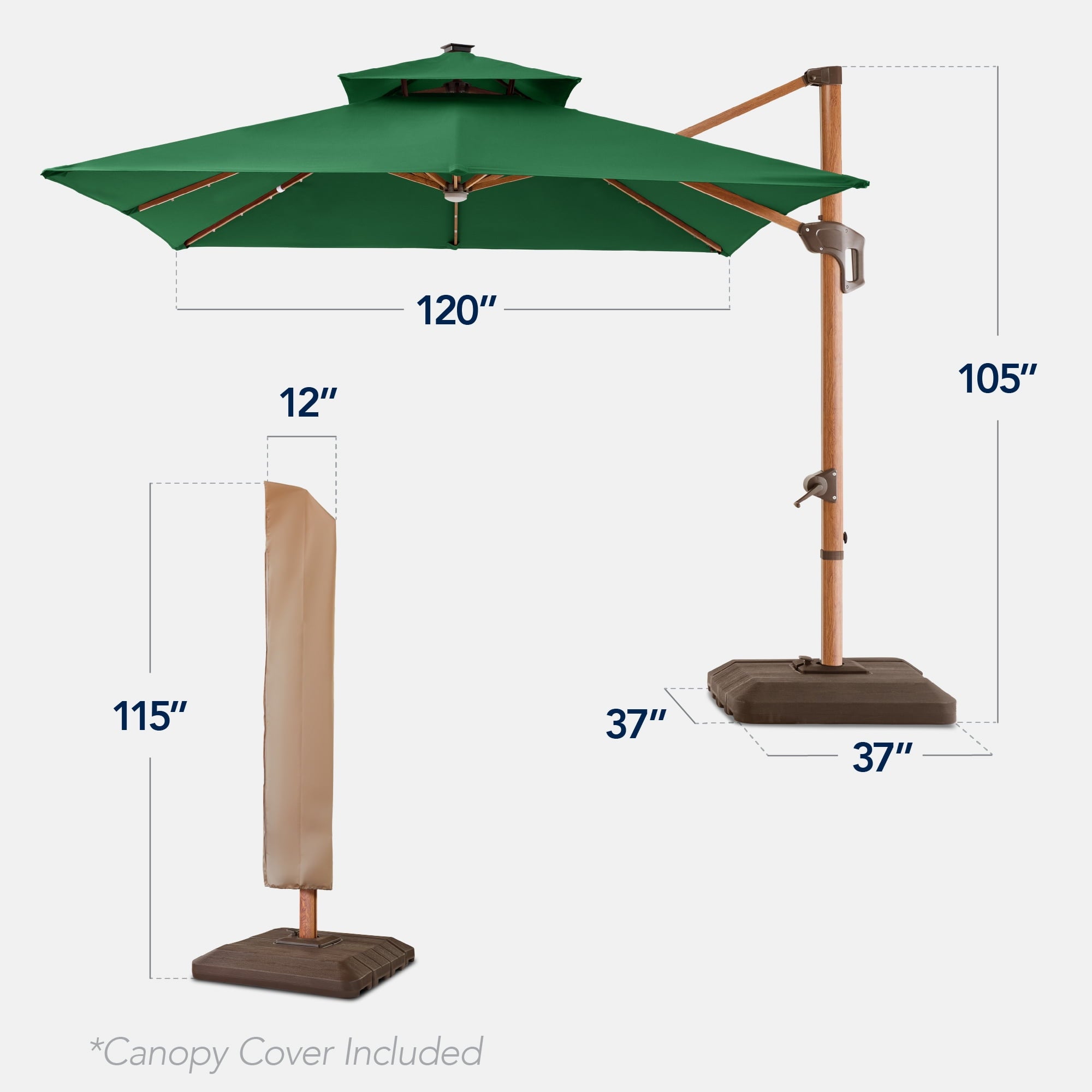 Best Choice Products 10ft Square Woodgrain Pattern 2-Tier Outdoor Solar LED Cantilever Umbrella w/ Base - Gray