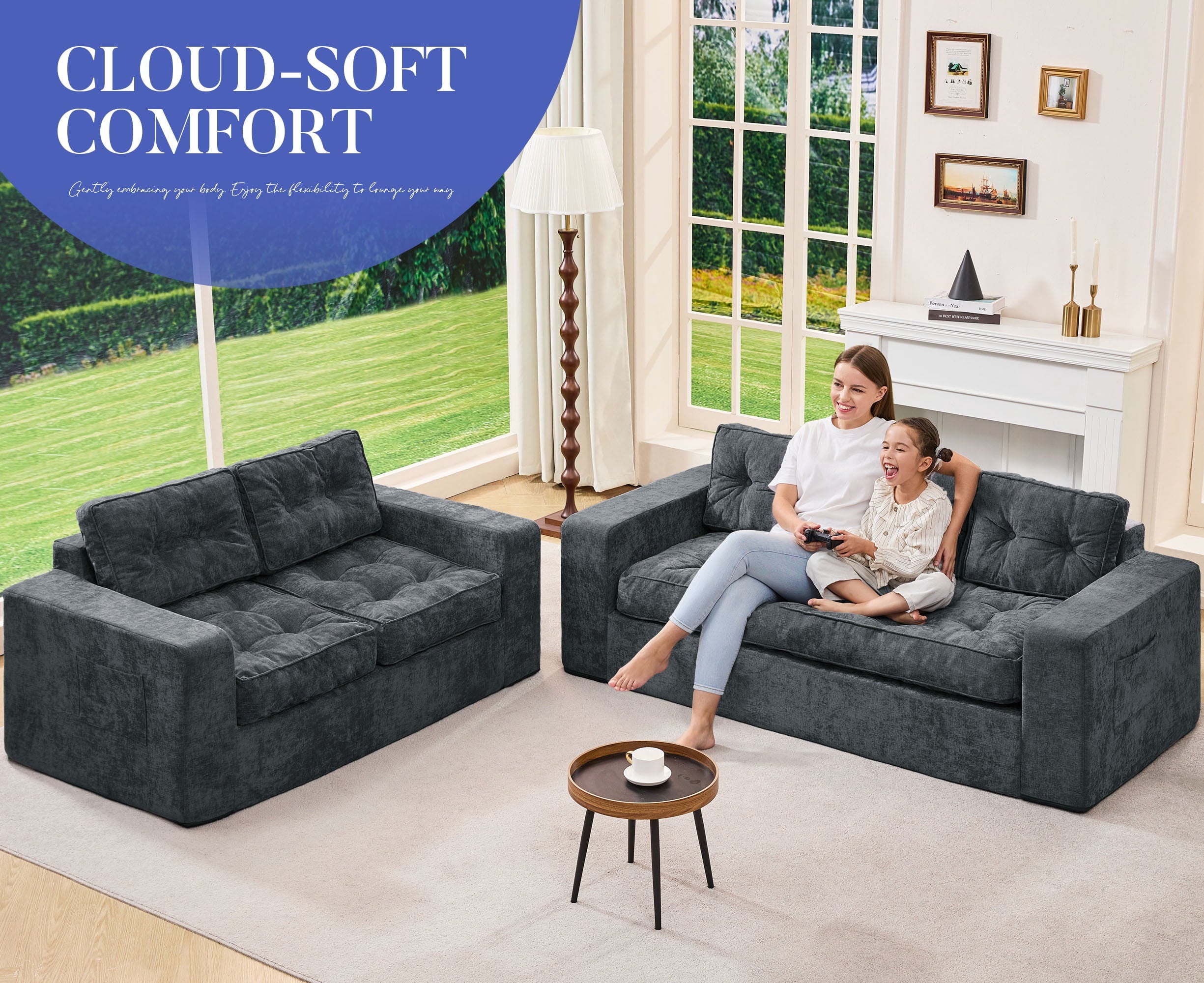 Hobestluk 3-Seater Sofa Boneless Couch with Tufted Button Design 2 in 1 Comfy Cloud Couch Oversized Sofa for Living Room Bedroom Apartment or Office (Grey, 3 Seater)