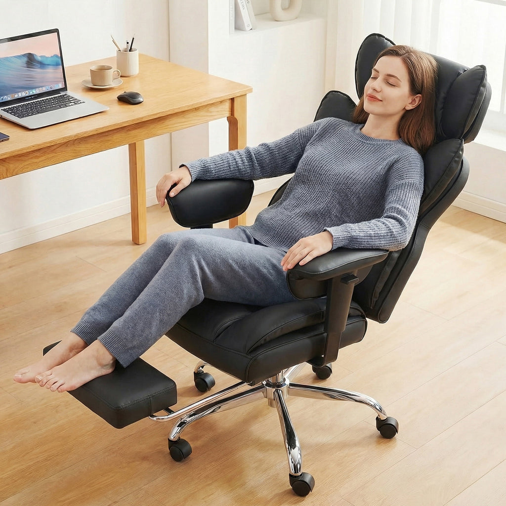 edx Executive Home Office Desk Chair, Ergonomic Big Tall High Back with Footrest & Lumbar Support, Reclining Comfy PU Leather Computer Gaming Chair with Swivel Wheels, Height Adjustable, Black