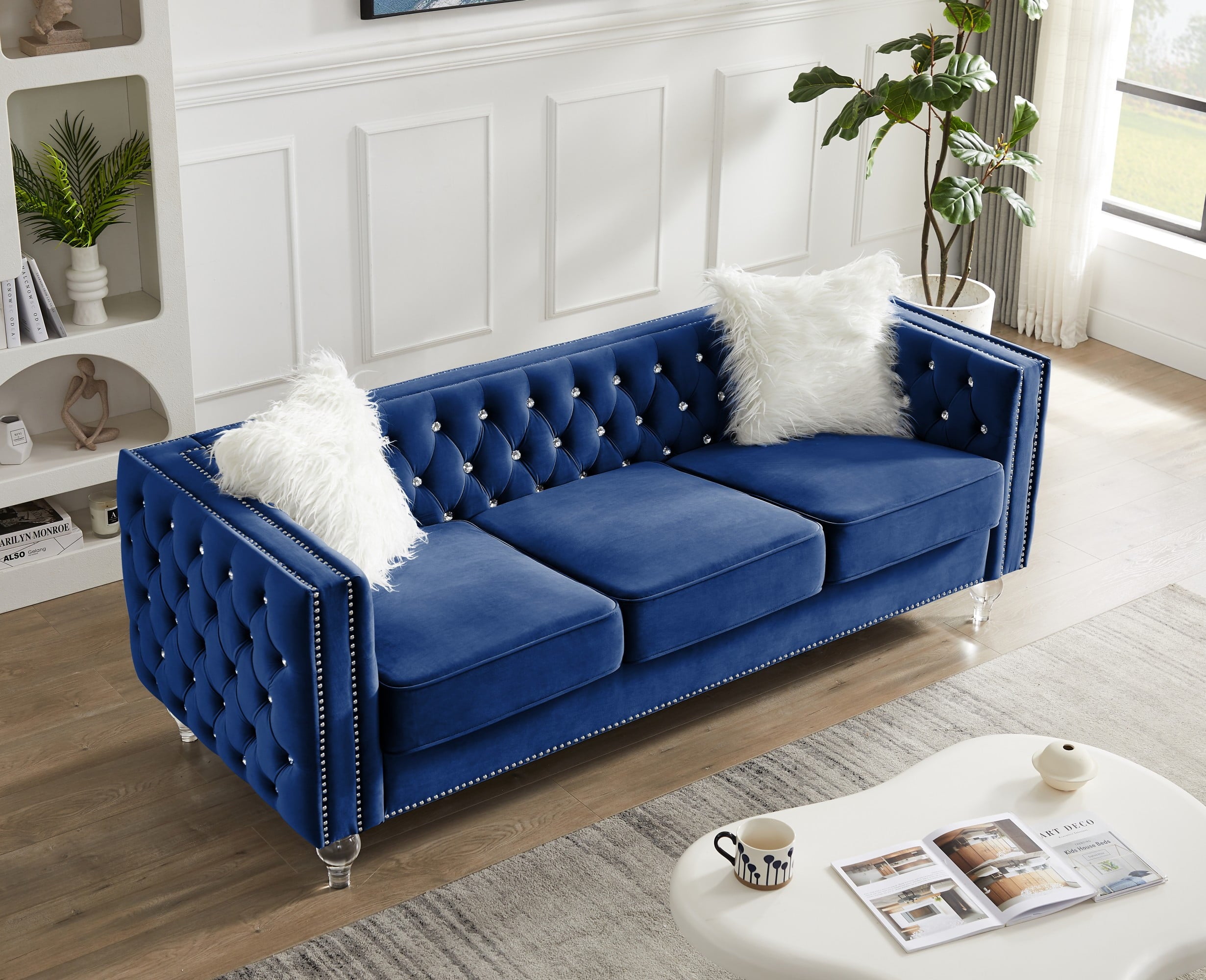 Gewnee 86.6 Modern Sofa Couch,Teddy Velvet 3 Seaters Comfy Couch with Deep Seat for Living Room,2 Pillows,Beige