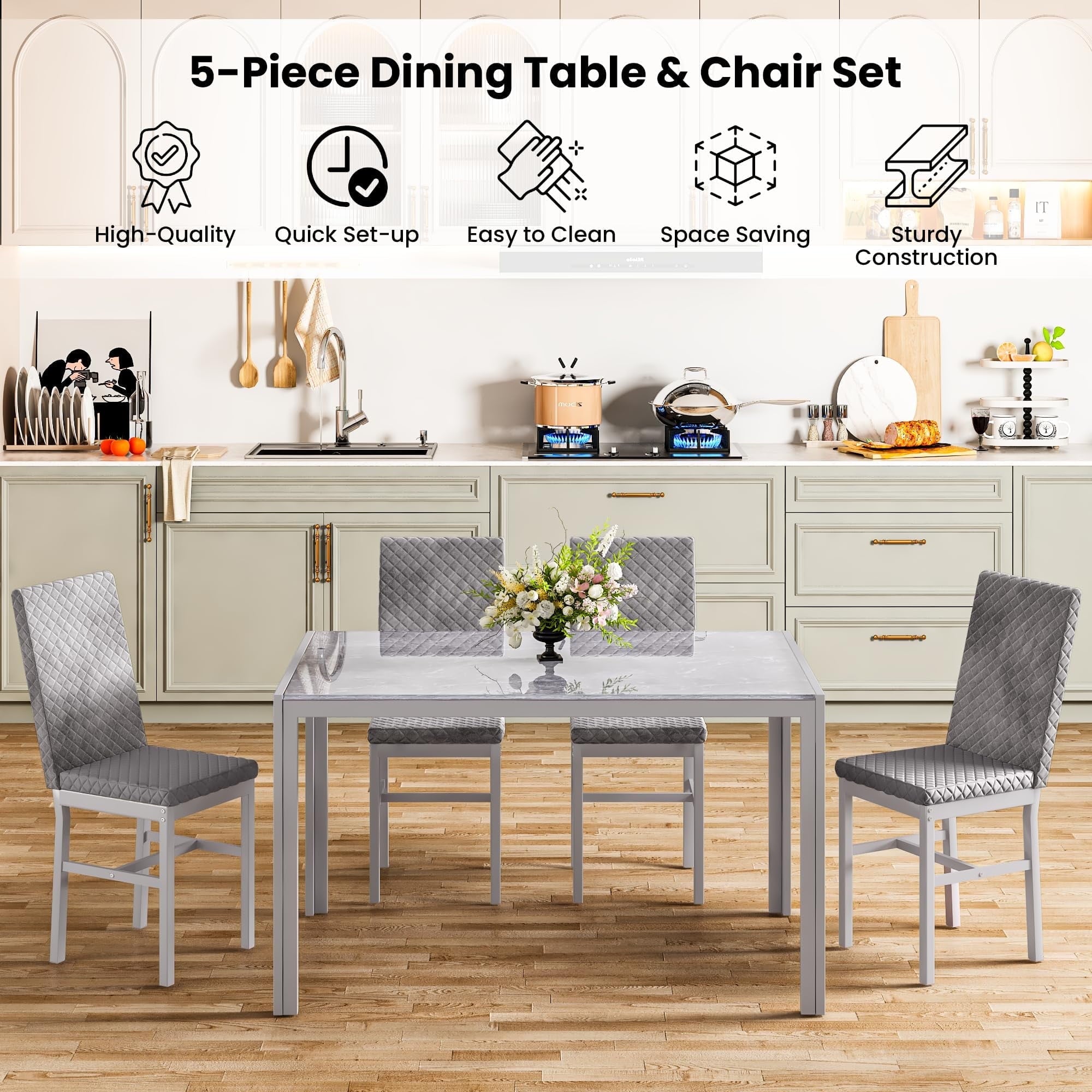 Baxluxe Dining Table Set for 4, Modern 5 Piece Dining Table Set, Faux Marble Kitchen Table and 4 Velvet Upholstered Chairs for Apartments, Dining Rooms, Small Spaces, Gray