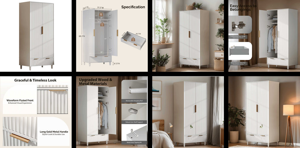 Ktaxon Wardrobe Armoire Closet with Hanging Rod, Modern Drawer & Shelf – Elegant White Finish Closet, Farmhouse to Mid-Century Style