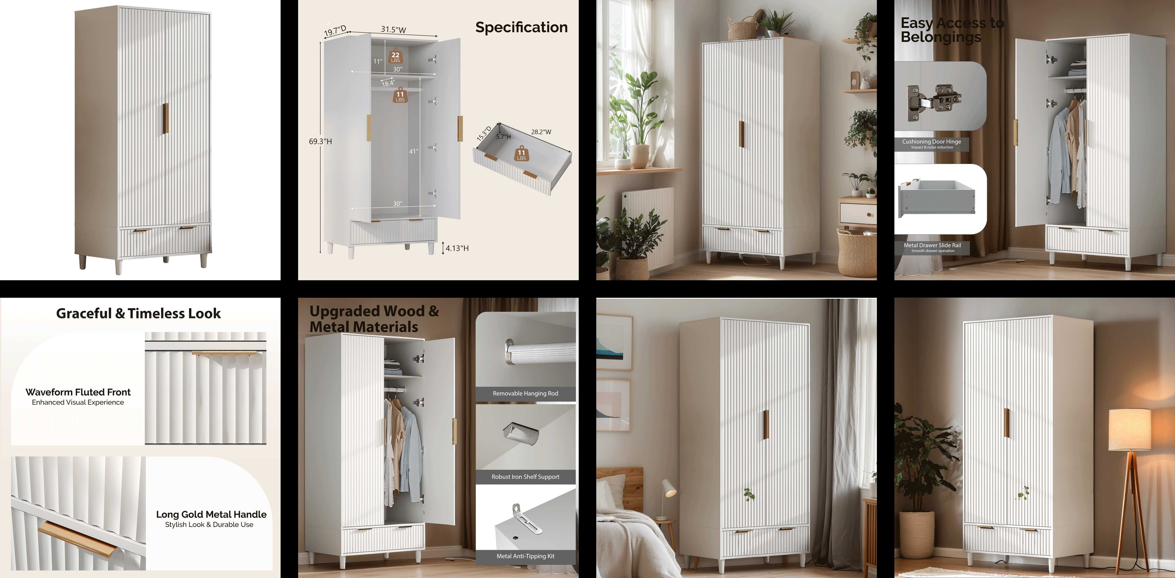 Ktaxon Wardrobe Armoire Closet with Hanging Rod, Modern Drawer & Shelf – Elegant White Finish Closet, Farmhouse to Mid-Century Style