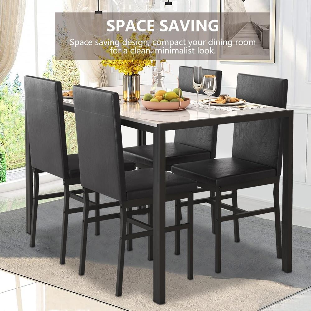 5 Piece Dining Table Set, Modern Faux Marble Tabletop and 4 PU Leather Upholstered Chairs, Rectangle Kitchen Table and Chairs for 4 Persons, Small Dining Set for Bar Dining Room Breakfast Nook