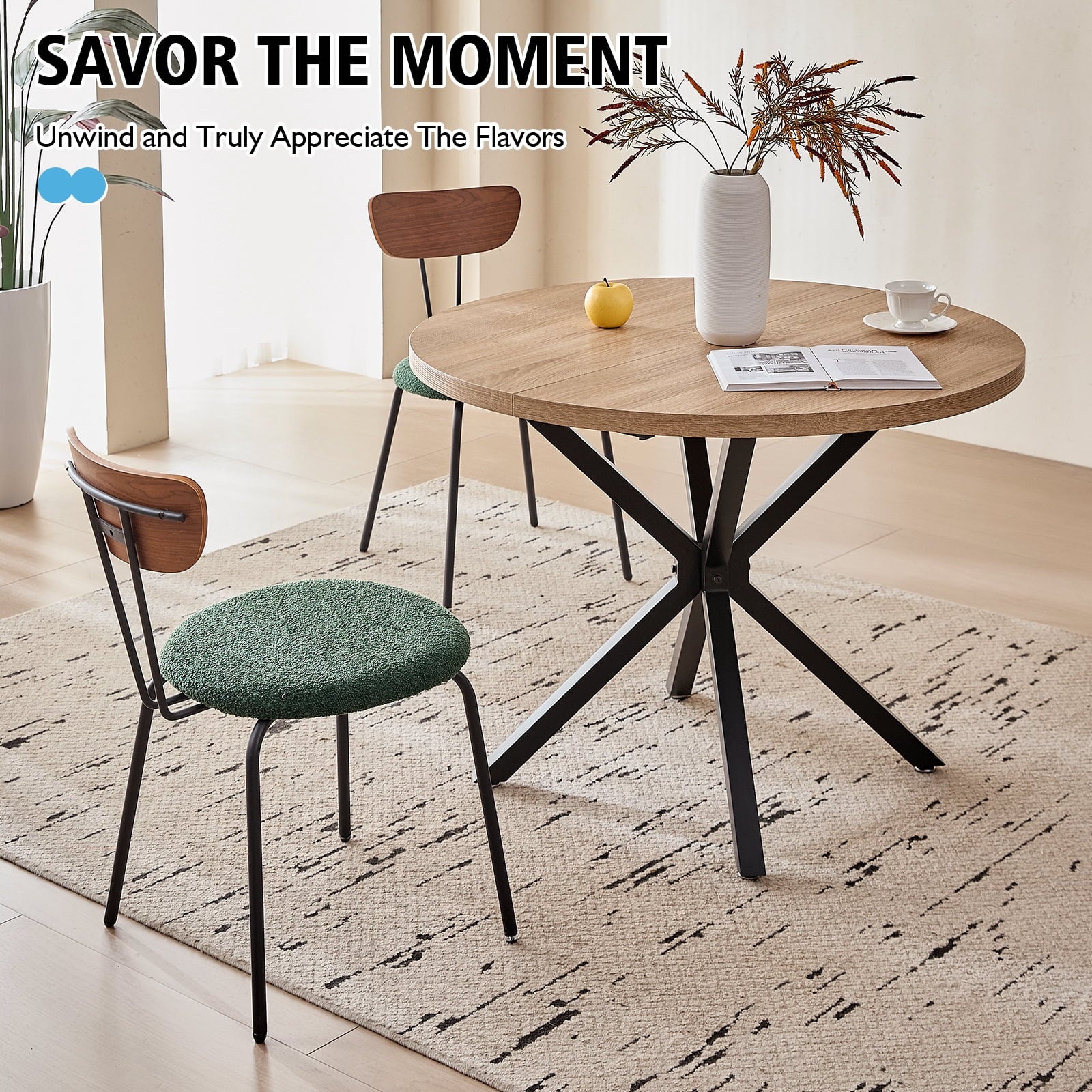 5 Piece 39 Round Dining Table Set for 4, Mid Century Kitchen Table with 4 Khaki Fabric Upholstered Dining Chairs for Apartment Living Room, Space Saving Table.