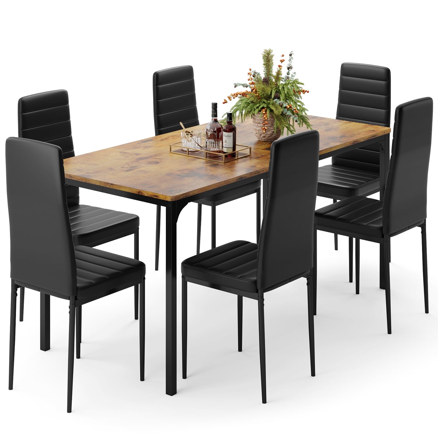 7 Piece Dining Table Set for 6, Kitchen Dining Room Furniture with 6 PU Leather Upholstered Chairs, Suitable for Apartment Small Space, Black