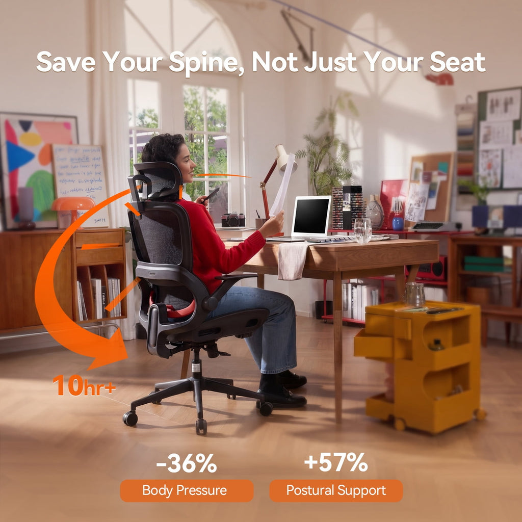 SIHOO B100 Ergonomic Office Chair, Task Chair with Zoned Back Support, 2D Wide Headrest Study Chair for Teenager, High Back Executive Chair for Home Office, White