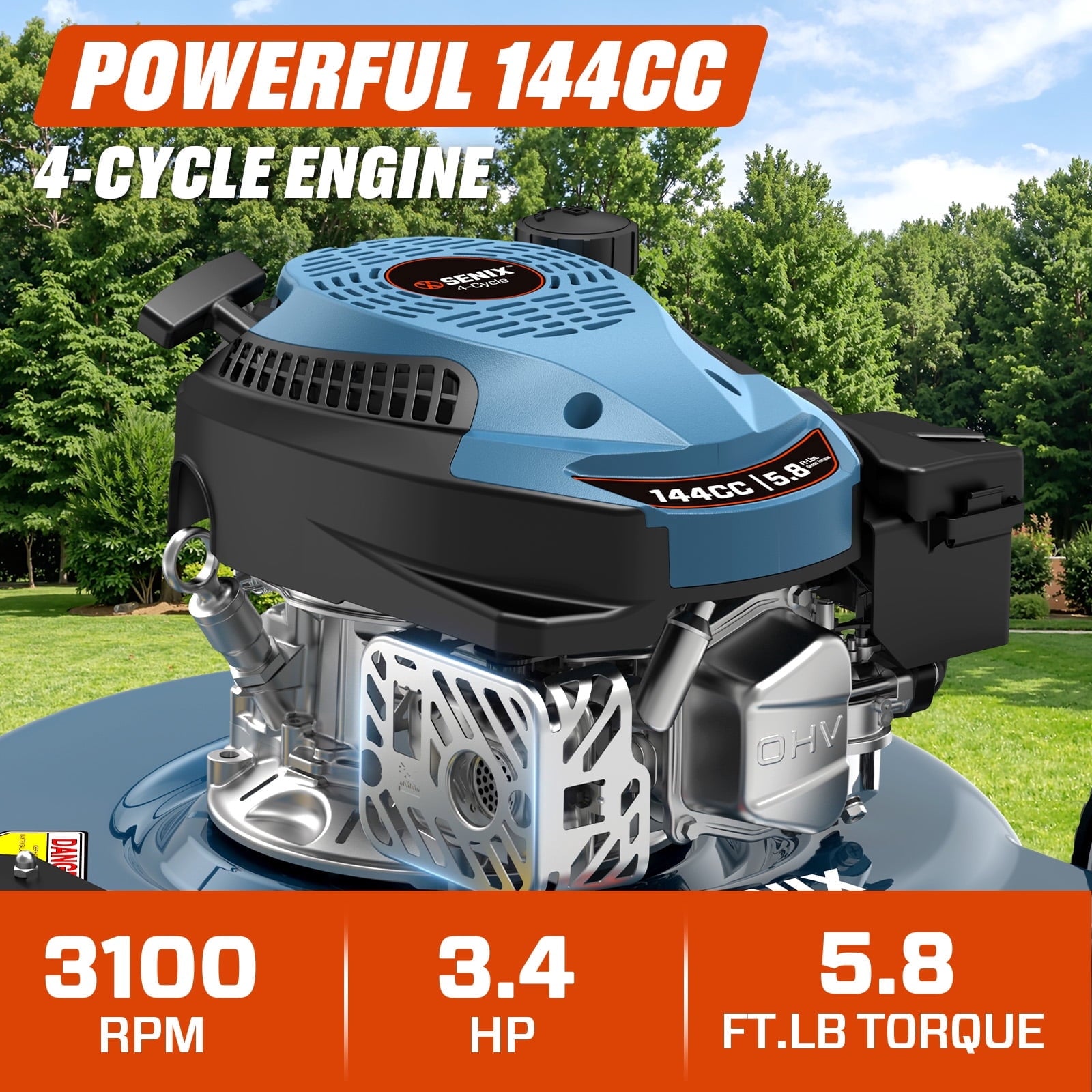 SENIX Gas Lawn mower, 20in Cutting Blade 21in Cutting Deck, 144cc 4-Cycle Engine, Steel Deck with Side Discharge, LSPG-L4