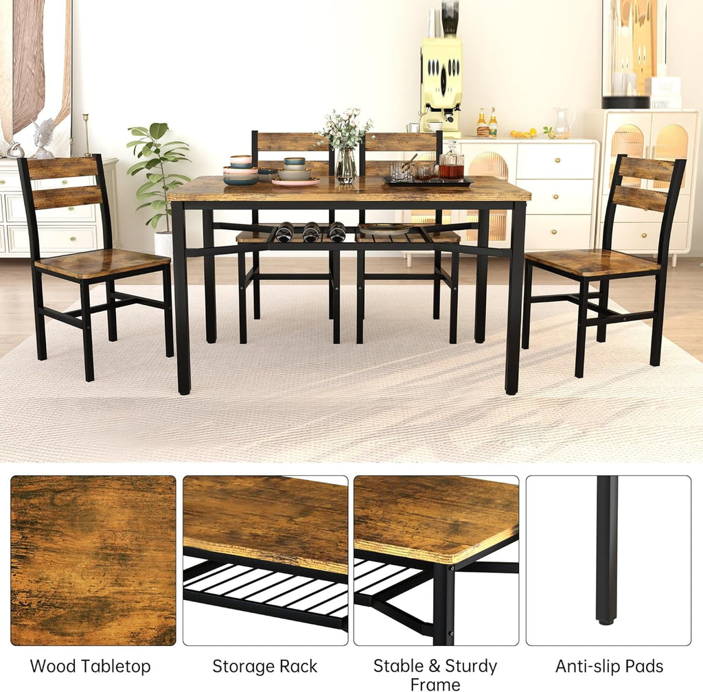 LinkRomat Dining Table Set for 4, Farmhouse Kitchen Table with 4 Wood Chairs, Dining Room Set for Breakfast Nook, Small Places, Restaurant, Gray