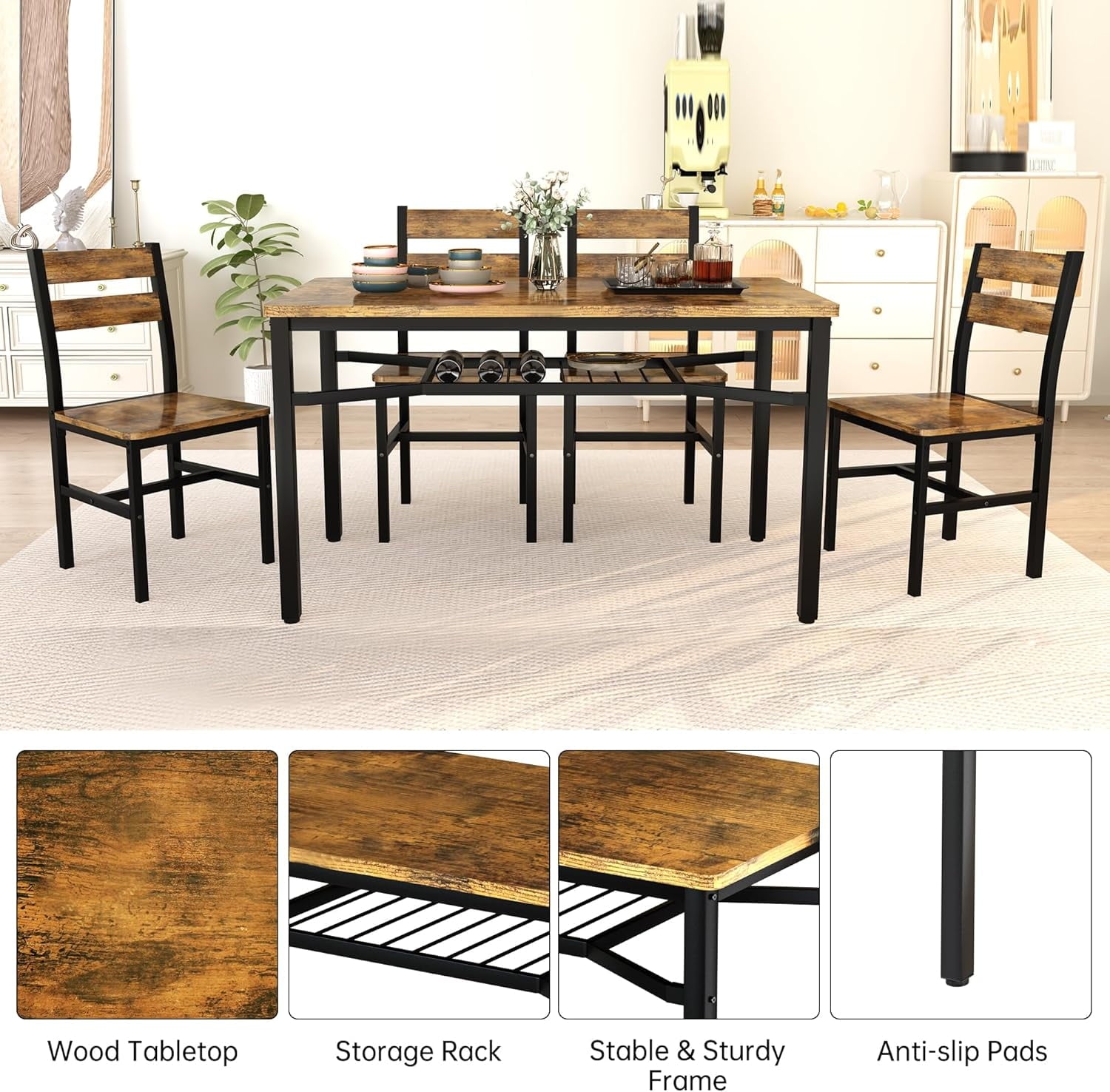 LinkRomat Dining Table Set for 4, Farmhouse Kitchen Table with 4 Wood Chairs, Dining Room Set for Breakfast Nook, Small Places, Restaurant, Gray