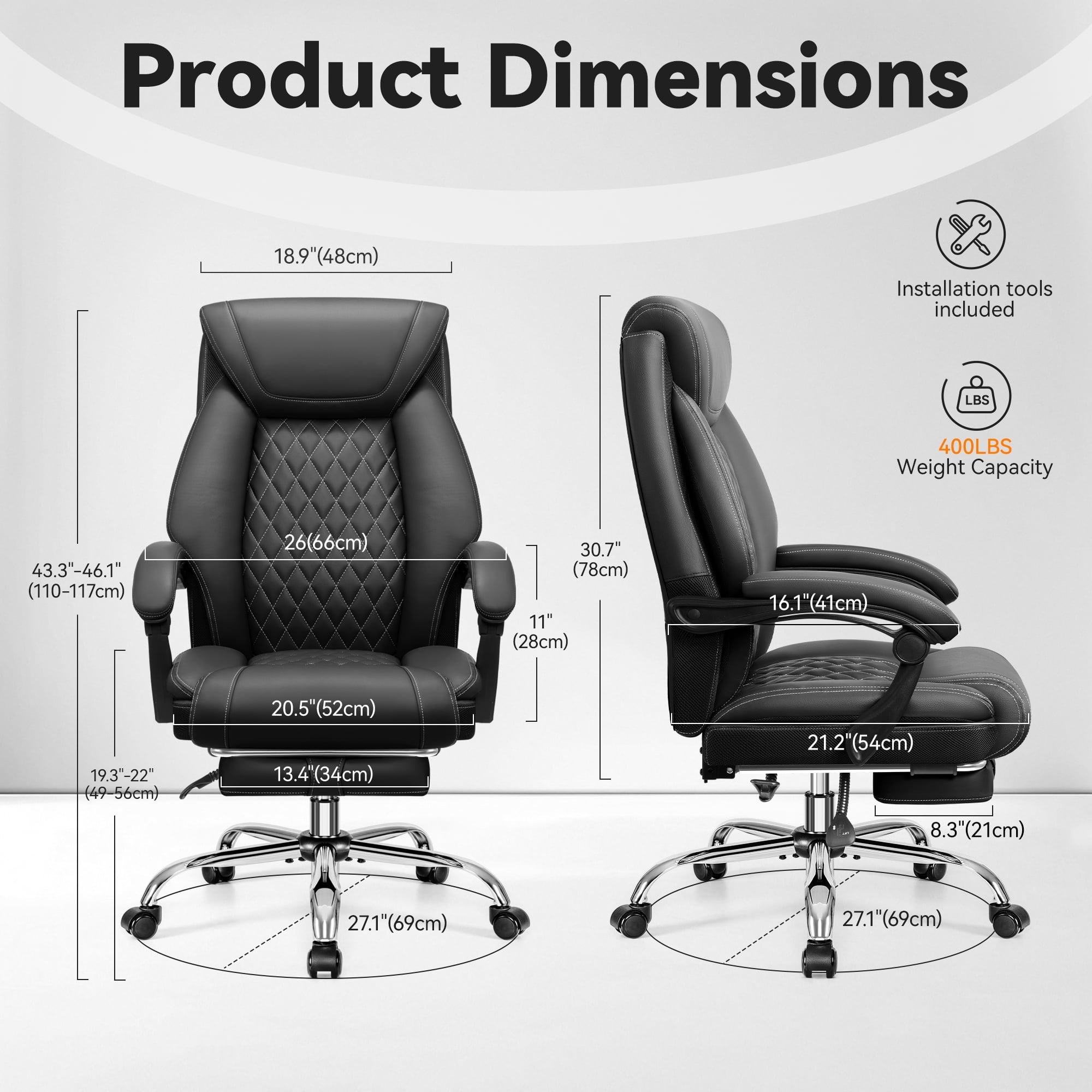 FASTES Ergonomic Office Chair, Big and Tall Leather Desk Chair with Footrest and Lumbar Support, 2-Position Reclining Executive Computer Chair, Black
