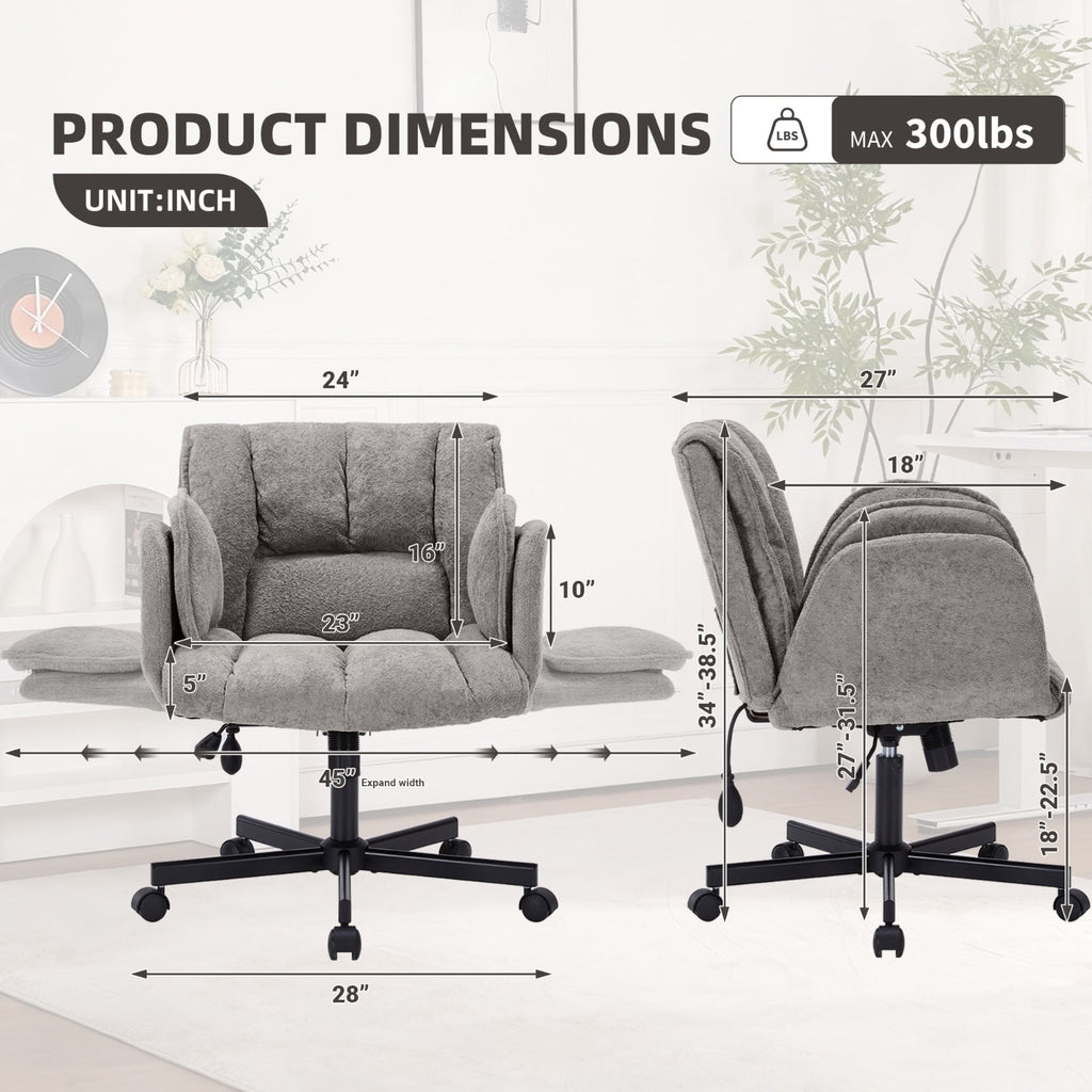 Cross Legged Office Chair with Wheels & Dynamic Airbag Lumbar Support, Criss Cross Wide Seat, 5-Position Fold-Down Armrests, Swivel Vanity Chair for Home Office, Dark Green