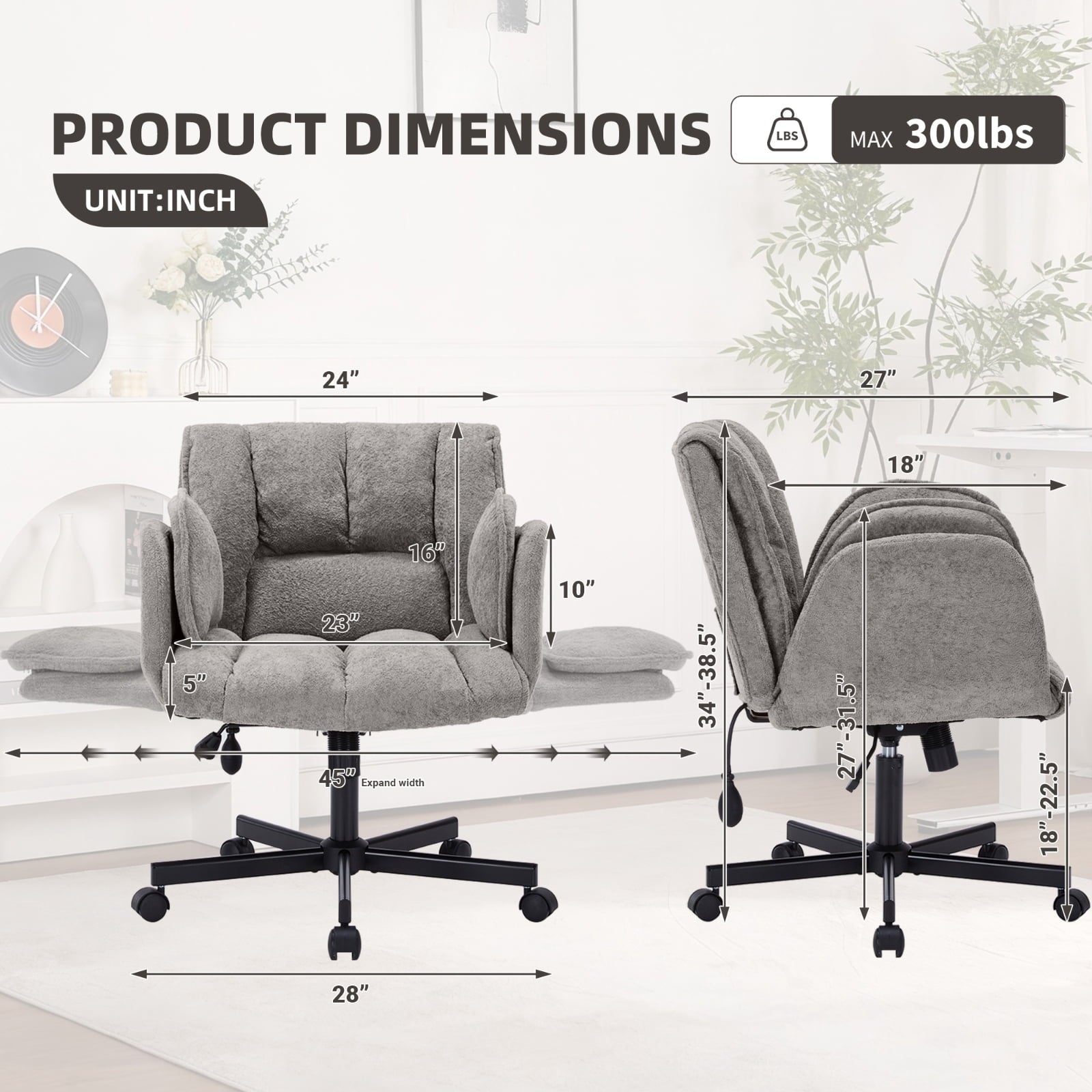 Cross Legged Office Chair with Wheels & Dynamic Airbag Lumbar Support, Criss Cross Wide Seat, 5-Position Fold-Down Armrests, Swivel Vanity Chair for Home Office, Dark Green