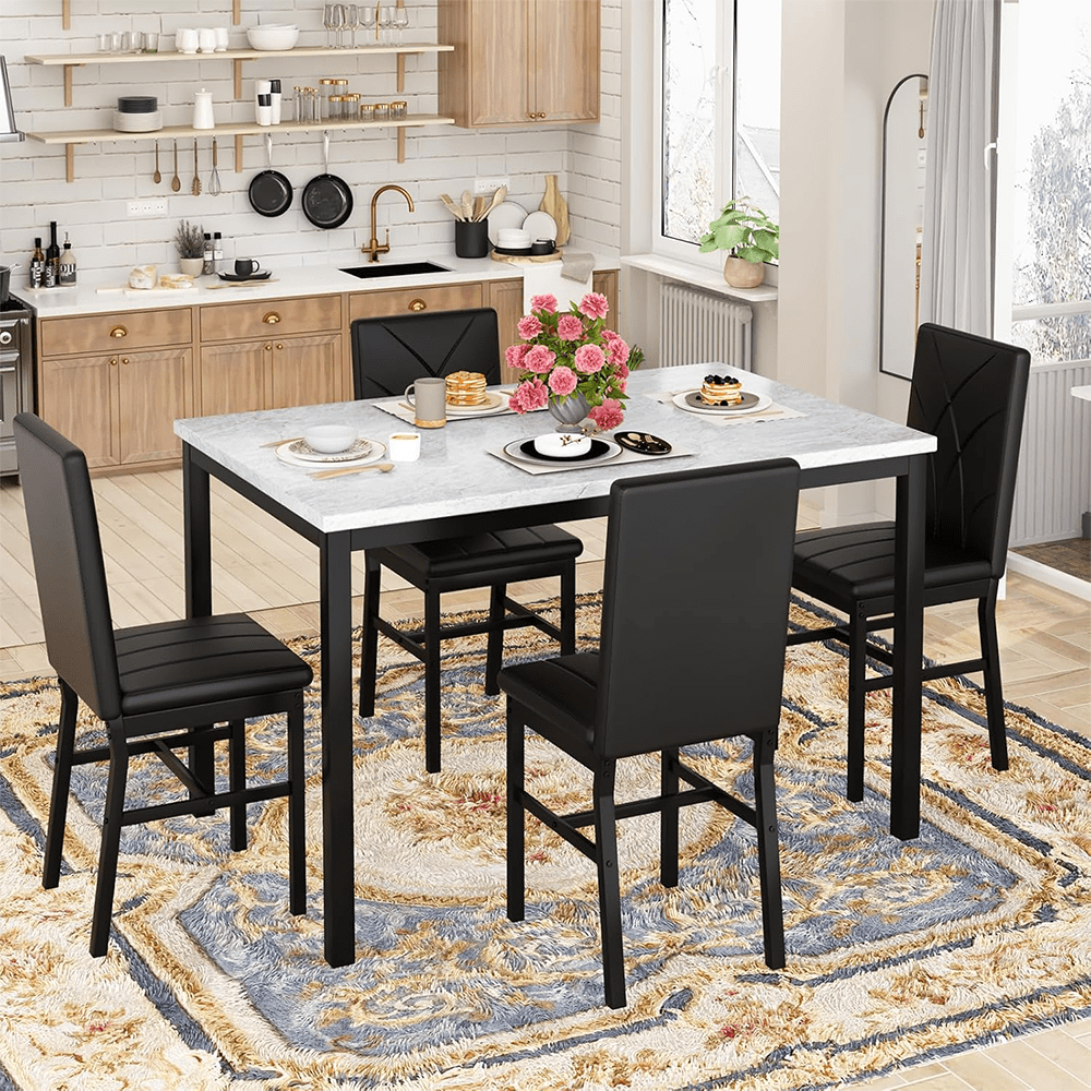 LinkRomat 5-Piece Faux Marble Dining Table Set for 4, Modern Kitchen Table with Chairs, Dinette Dining Room Furniture Set for Compact Space Saving