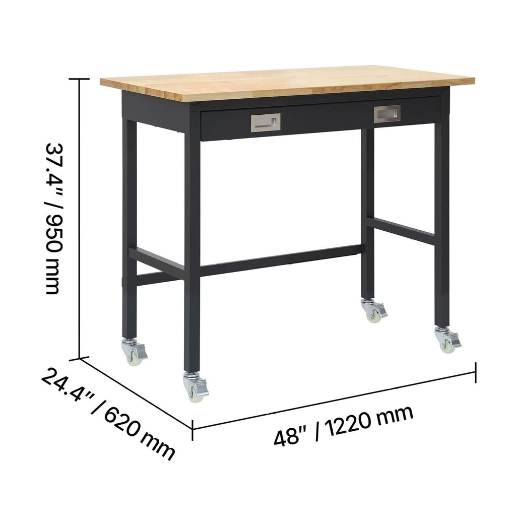 48-inch Workbench with Drawer and Wheels, 1500 lbs Capacity, Heavy Duty Oak Wood Top Work Table for Garage, Workshop, Office