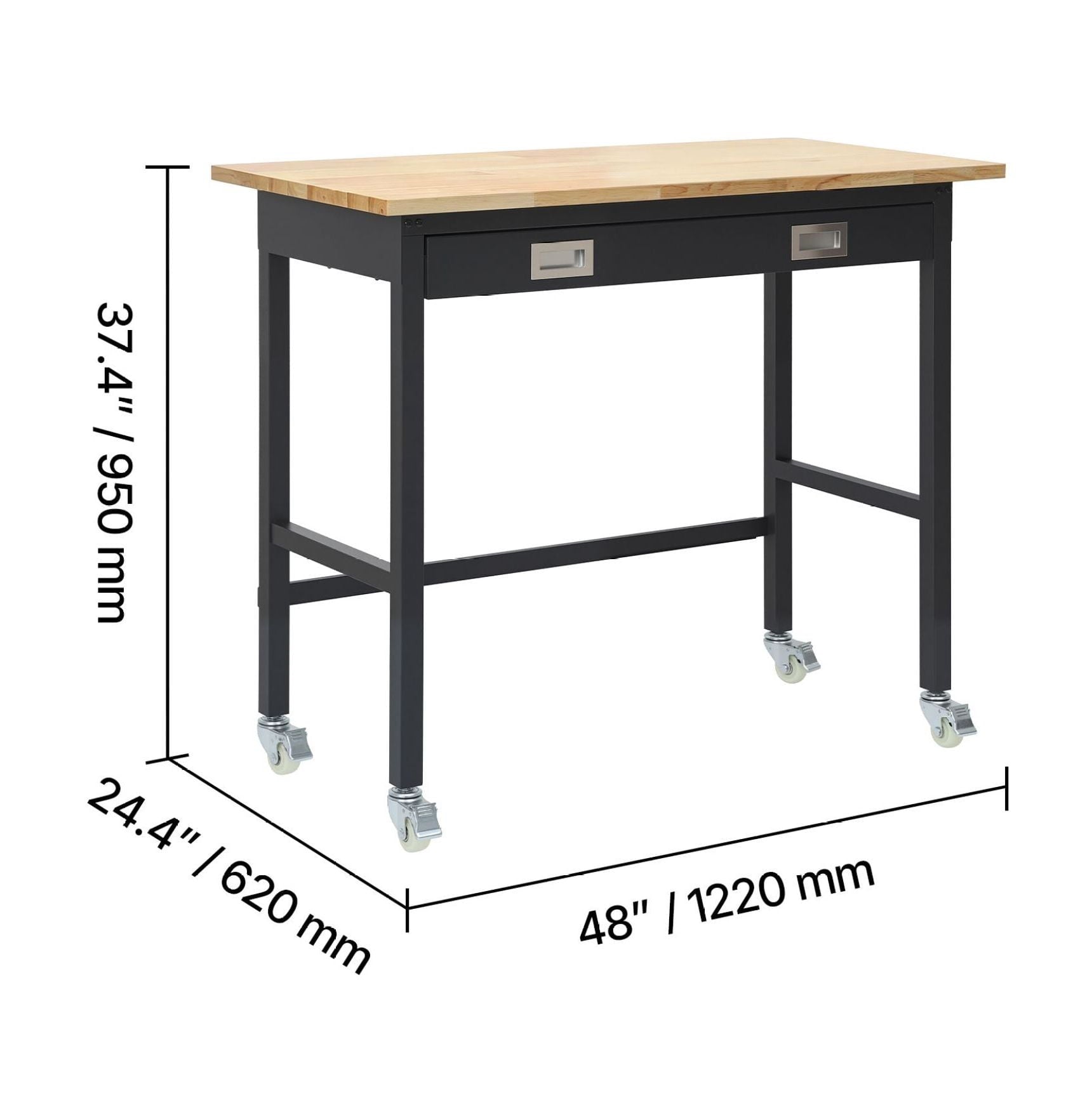 48-inch Workbench with Drawer and Wheels, 1500 lbs Capacity, Heavy Duty Oak Wood Top Work Table for Garage, Workshop, Office