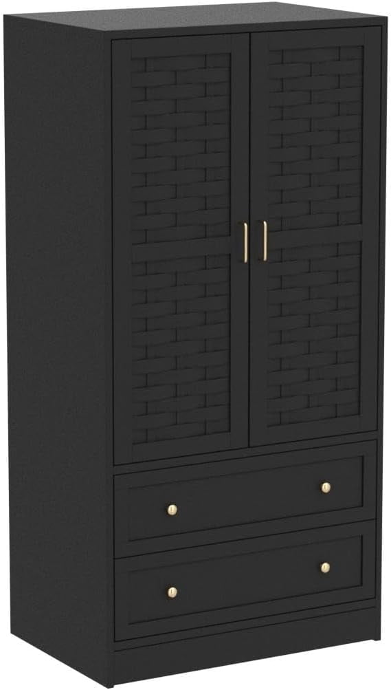Wirrytor Freestanding Wooden Armoire Wardrobe with 2 Woven Doors and Storage Drawers, Space-Saving Closet Cabinet for Bedroom, Sturdy Mdf Board Closet with Hanging Rail