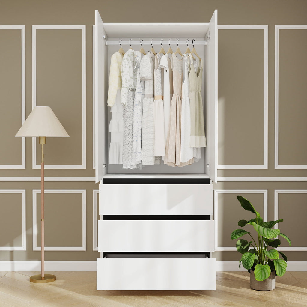 74.8''H Wooden Wardrobe Closet with 3 Drawers & Hanging Rod, 2-Door Armoire Cabinet with Smooth Drawer Slides for Bedroom