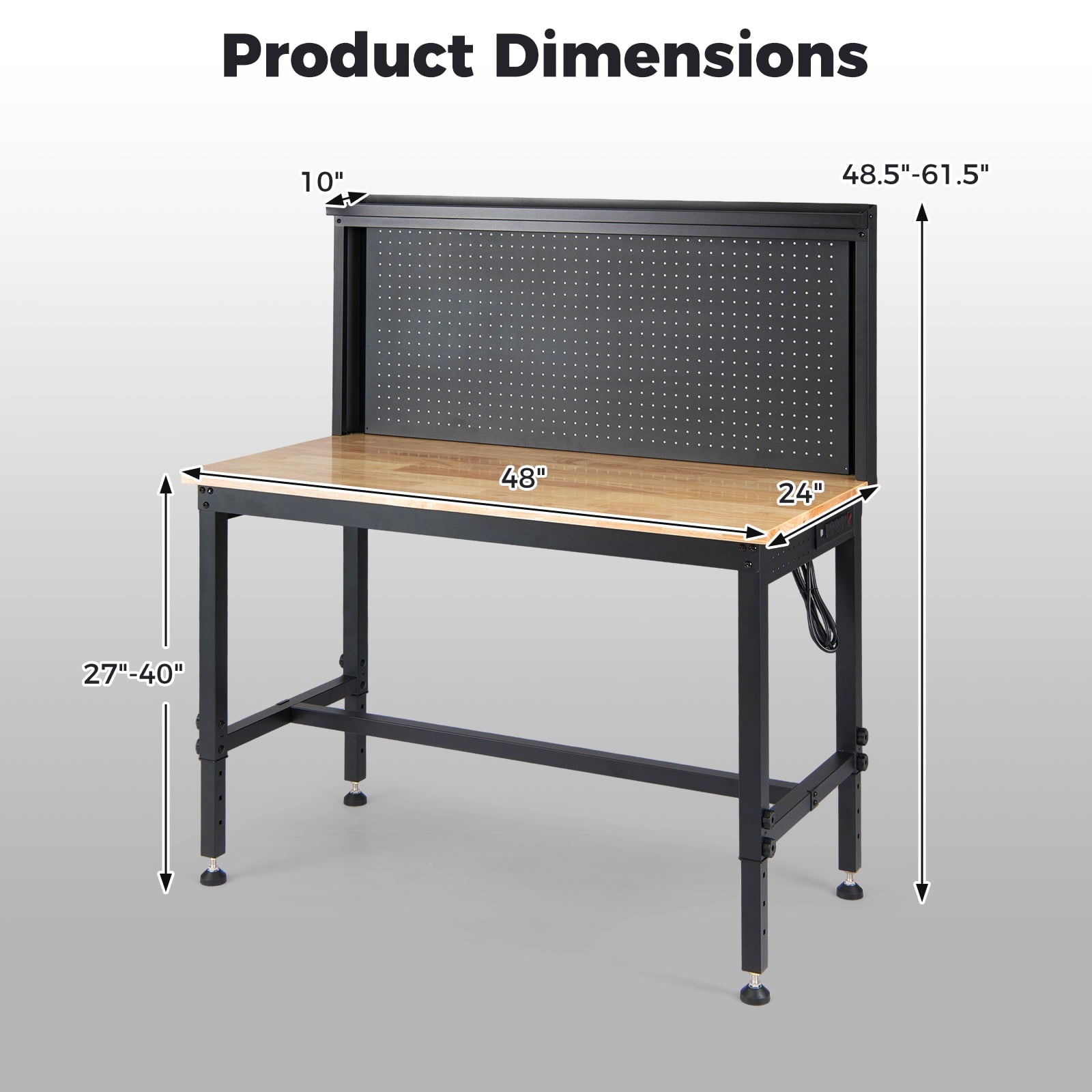 Gymax 48'' Heavy Duty Workbench w/ AC/USB Outlets and Pegboard Max Load 2000 LBS