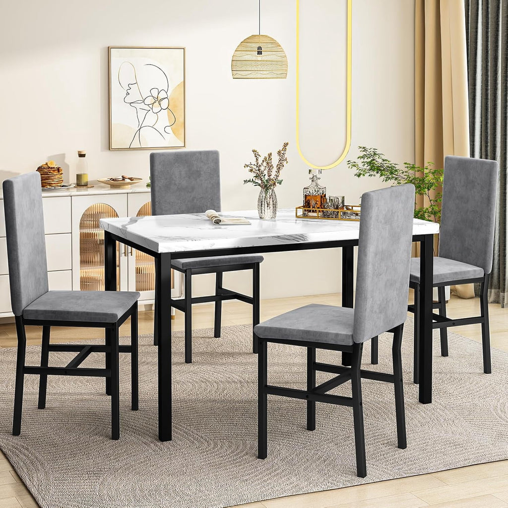 Cvortll 5 Piece Dining Table Set, Kitchen Table and Chairs Set for 4 with Faux Marble and 4 Velvet Upholstered Dining Chairs for Home, Restaurant, Black & Black