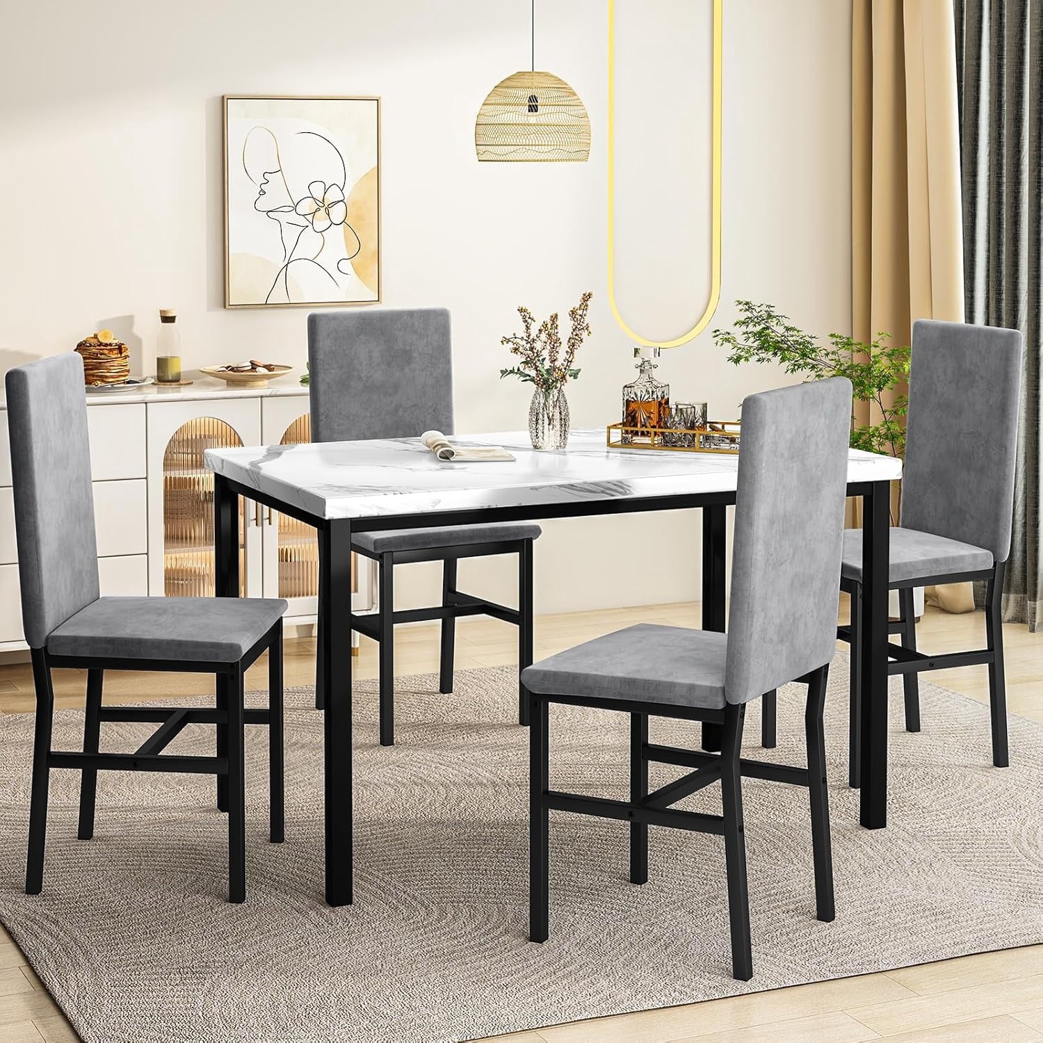 Cvortll 5 Piece Dining Table Set, Kitchen Table and Chairs Set for 4 with Faux Marble and 4 Velvet Upholstered Dining Chairs for Home, Restaurant, Black & Black