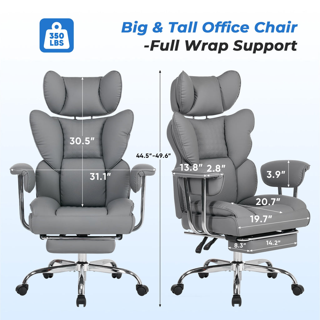 edx Executive Home Office Desk Chair, Ergonomic Big Tall High Back with Footrest & Lumbar Support, Reclining Comfy PU Leather Computer Gaming Chair with Swivel Wheels, Height Adjustable, Black