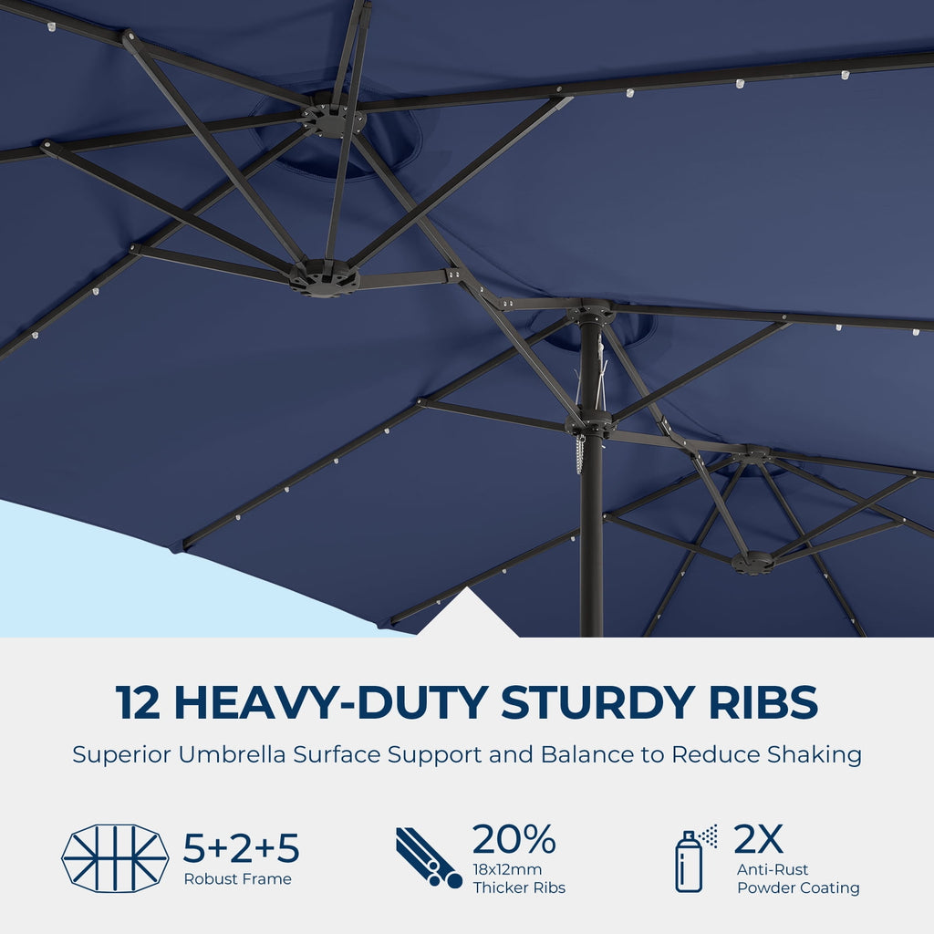 Patbrela 15ft Patio Umbrella with Light and Base, Double Sided  Large Rectangular Outdoor Umbrella with Crank Handle, for Garden, Yard, Poolside and Outdoor Activities, Gray